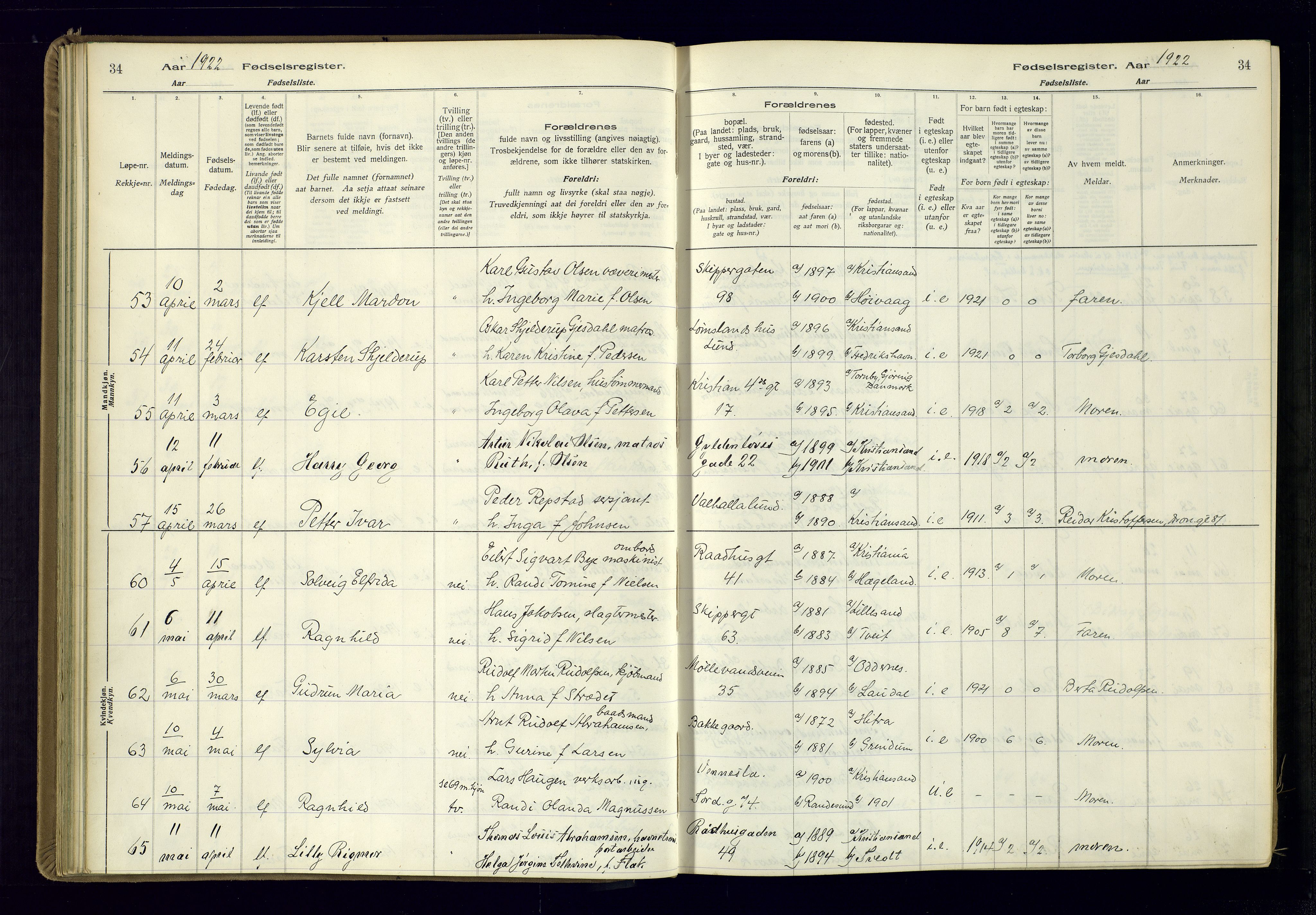 Kristiansand domprosti, AV/SAK-1112-0006/J/Jc/L0002: Fødselsregister nr. A-VI-46, 1921-1926, s. 34