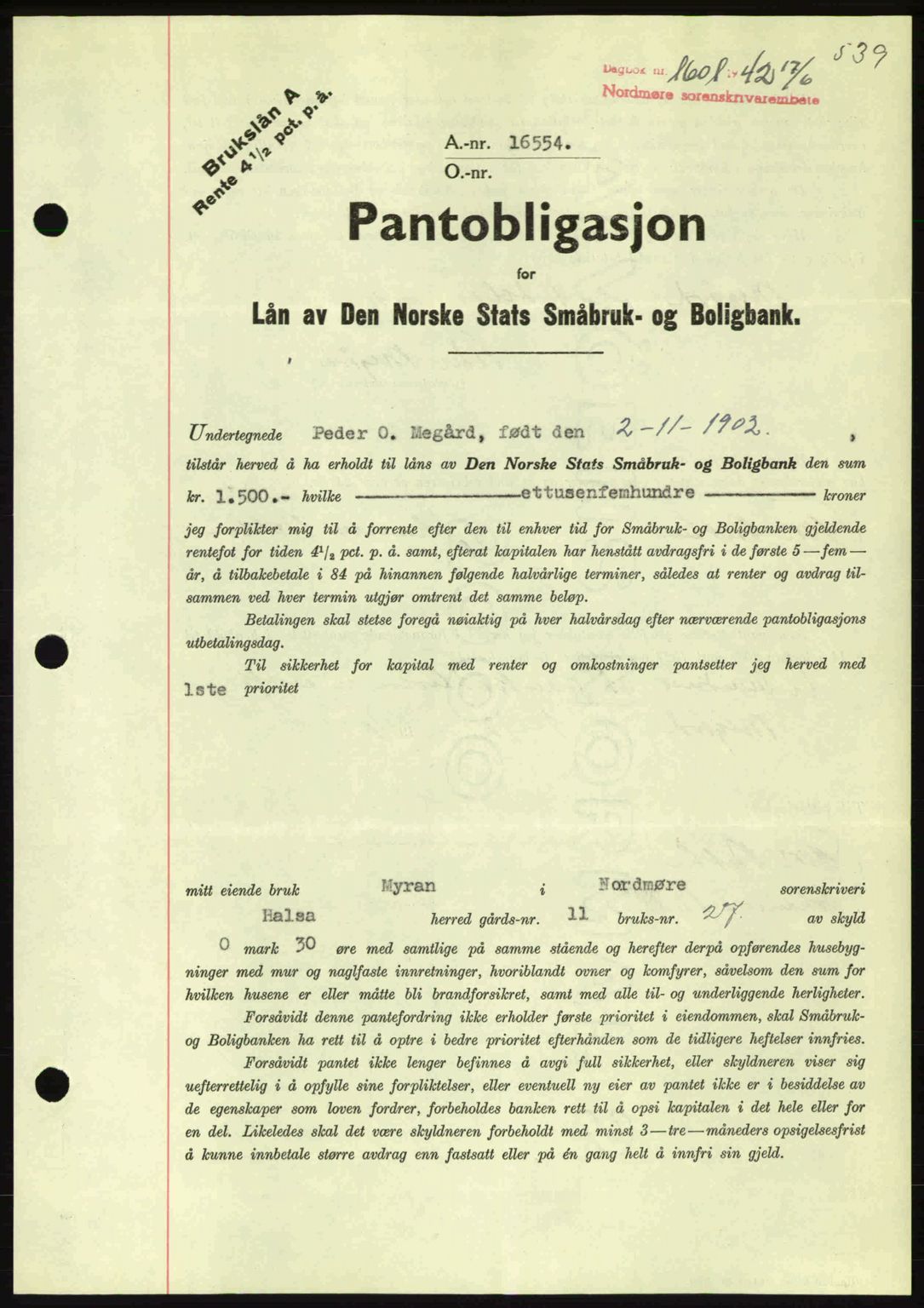 Nordmøre sorenskriveri, AV/SAT-A-4132/1/2/2Ca: Pantebok nr. B89, 1942-1942, Dagboknr: 1601/1942