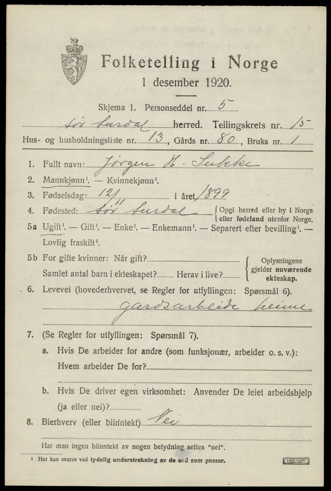 SAH, Folketelling 1920 for 0540 Sør-Aurdal herred, 1920, s. 8343