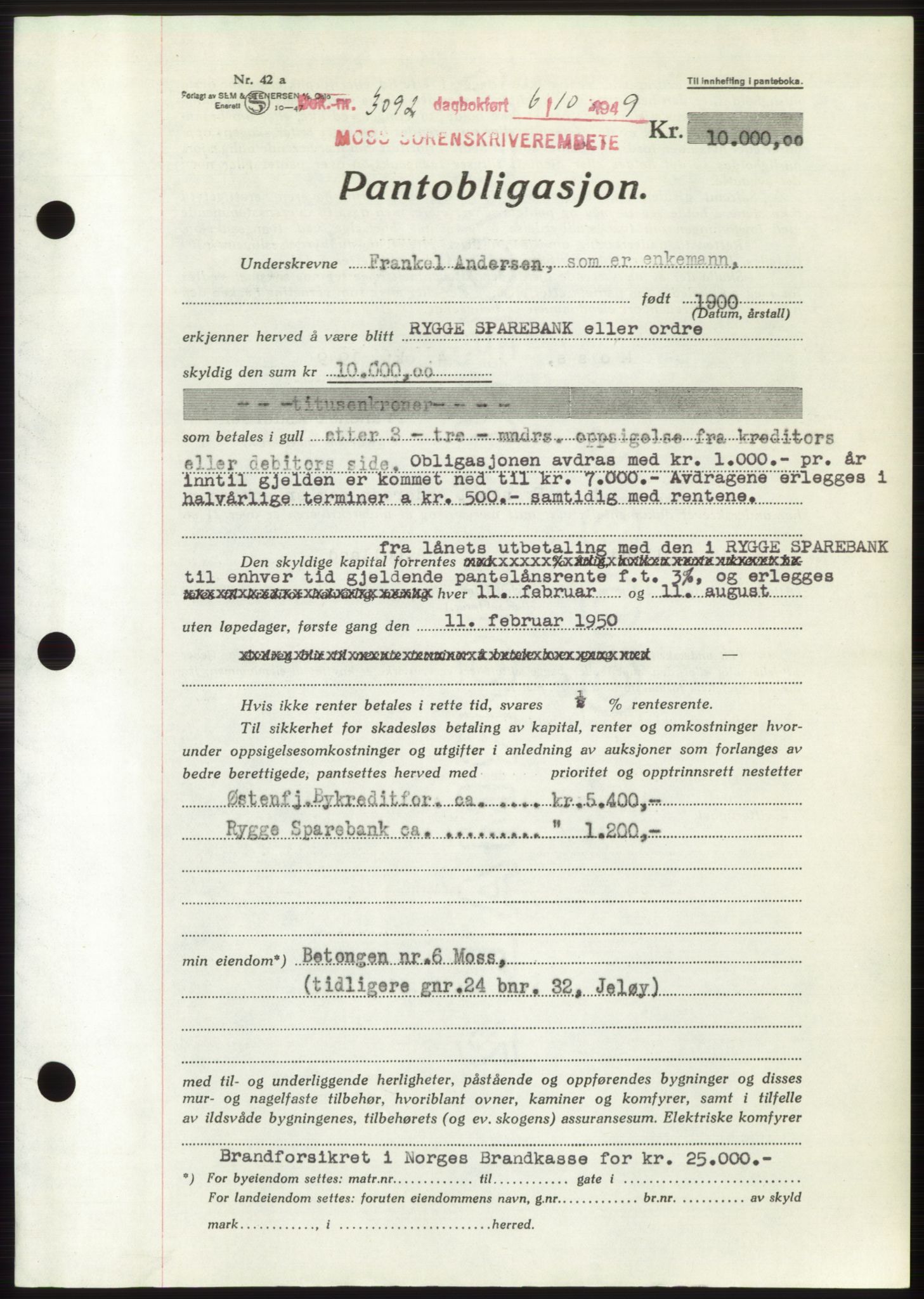 Moss sorenskriveri, SAO/A-10168: Pantebok nr. B22, 1949-1949, Dagboknr: 3092/1949