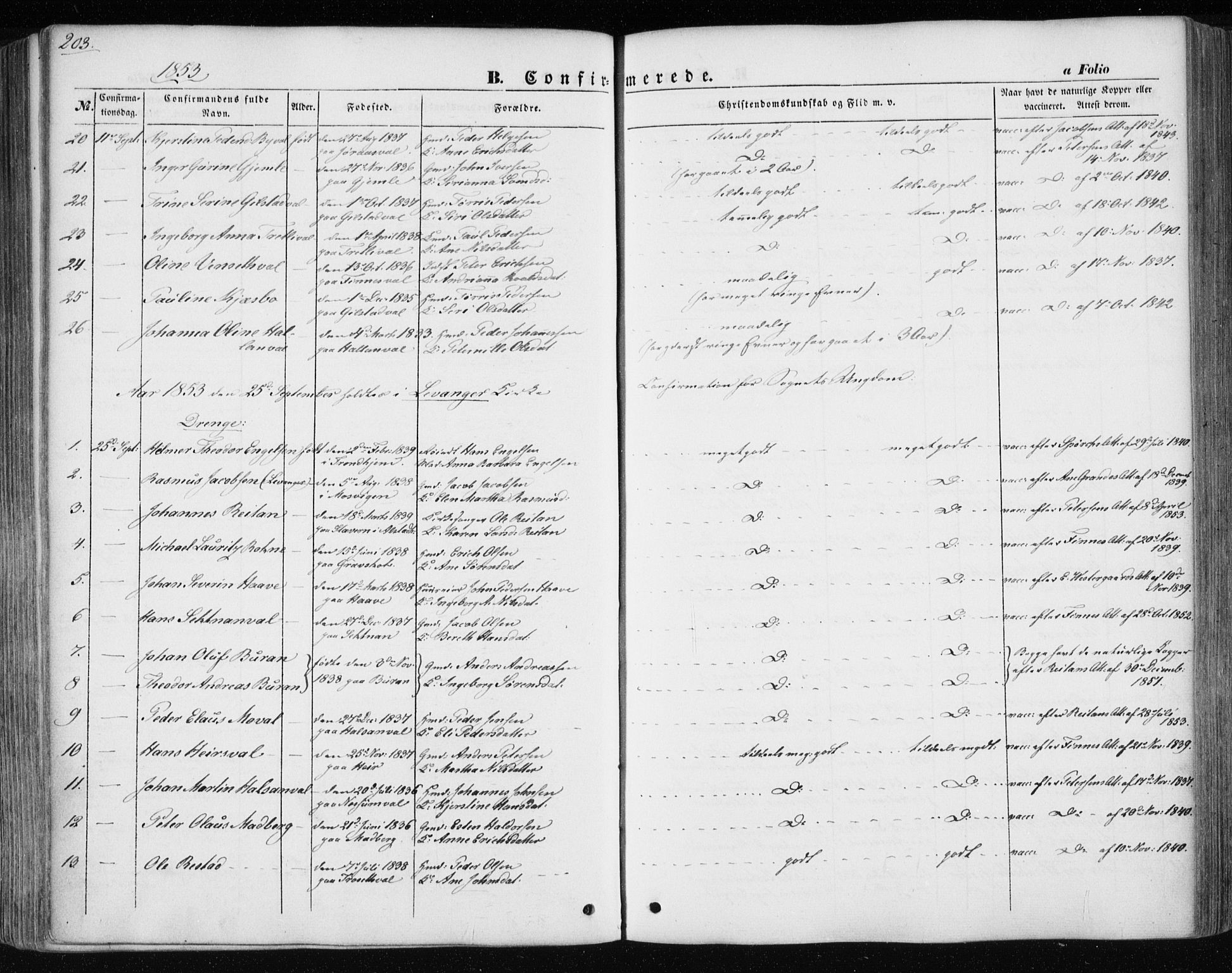 Ministerialprotokoller, klokkerbøker og fødselsregistre - Nord-Trøndelag, SAT/A-1458/717/L0154: Ministerialbok nr. 717A07 /1, 1850-1862, s. 203