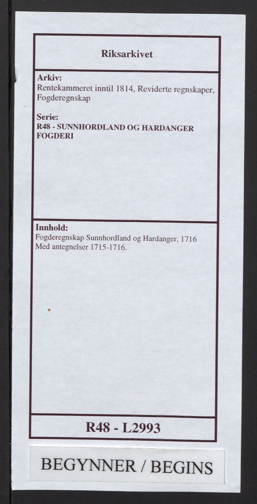 Rentekammeret inntil 1814, Reviderte regnskaper, Fogderegnskap, RA/EA-4092/R48/L2993: Fogderegnskap Sunnhordland og Hardanger, 1716, s. 1