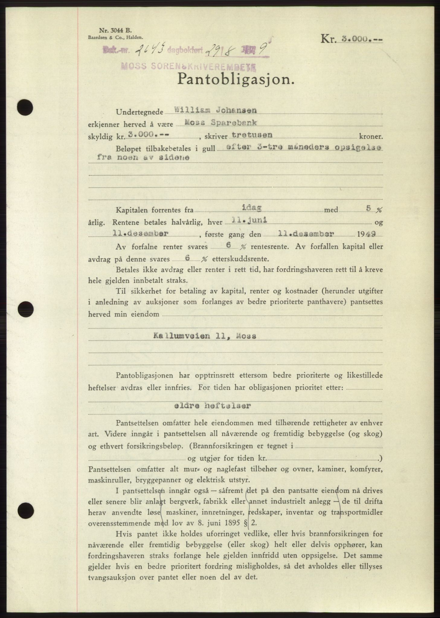 Moss sorenskriveri, SAO/A-10168: Pantebok nr. B22, 1949-1949, Dagboknr: 2643/1949