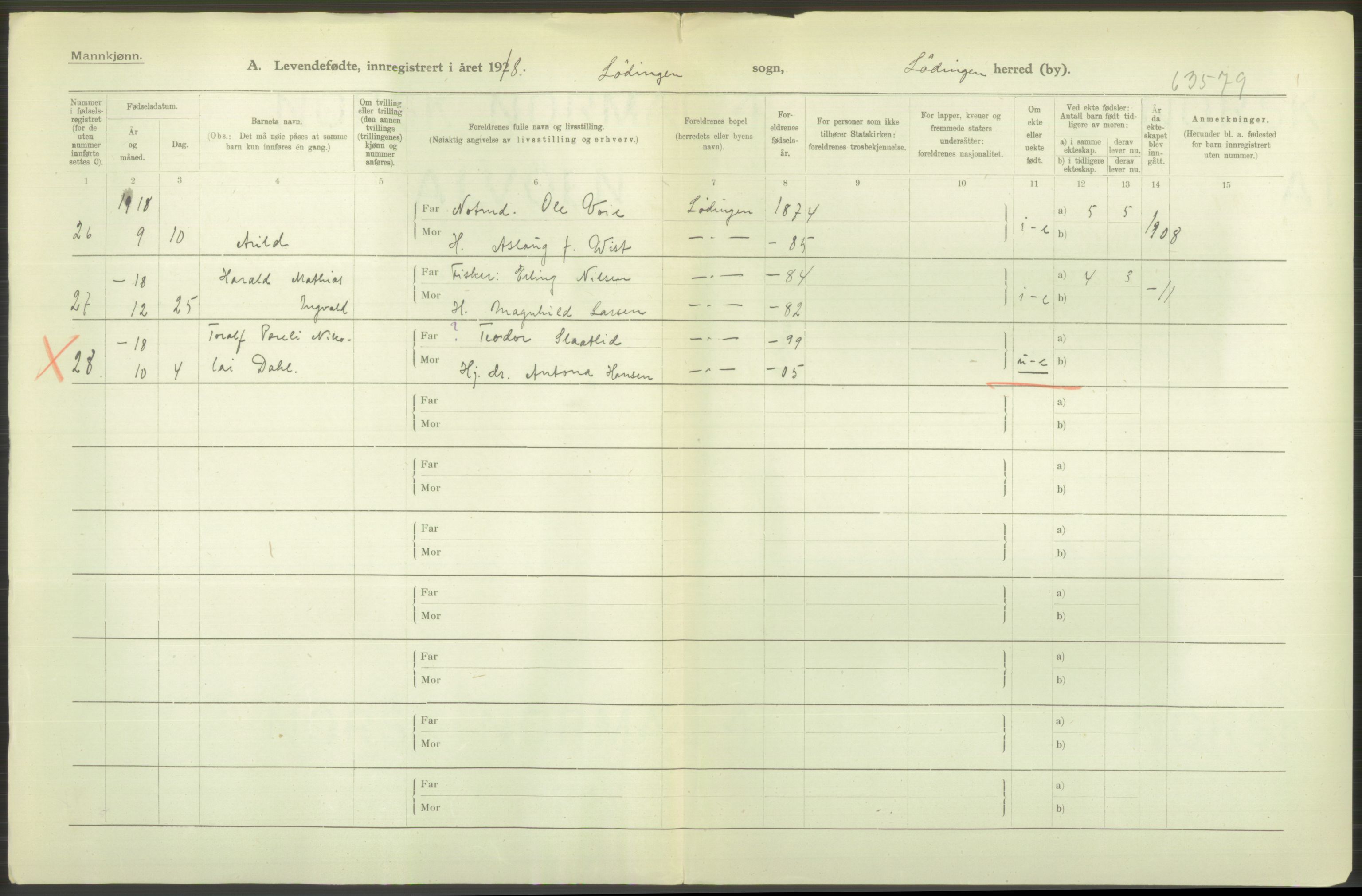 Statistisk sentralbyrå, Sosiodemografiske emner, Befolkning, RA/S-2228/D/Df/Dfb/Dfbh/L0052: Nordland fylke: Levendefødte menn og kvinner. Bygder., 1918, s. 410