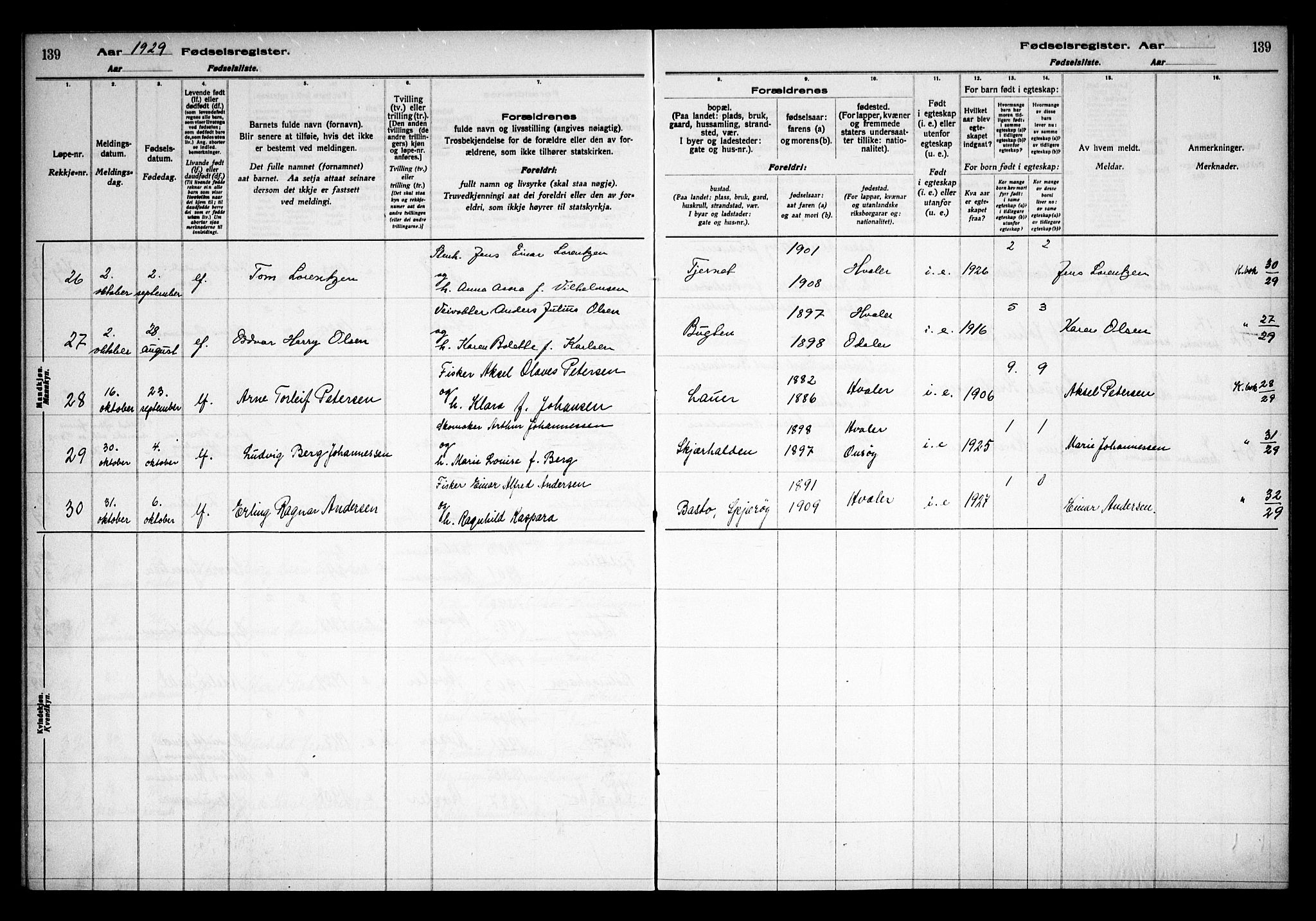 Hvaler prestekontor Kirkebøker, AV/SAO-A-2001/J/Ja/L0001: Fødselsregister nr. I 1, 1916-1938, s. 139