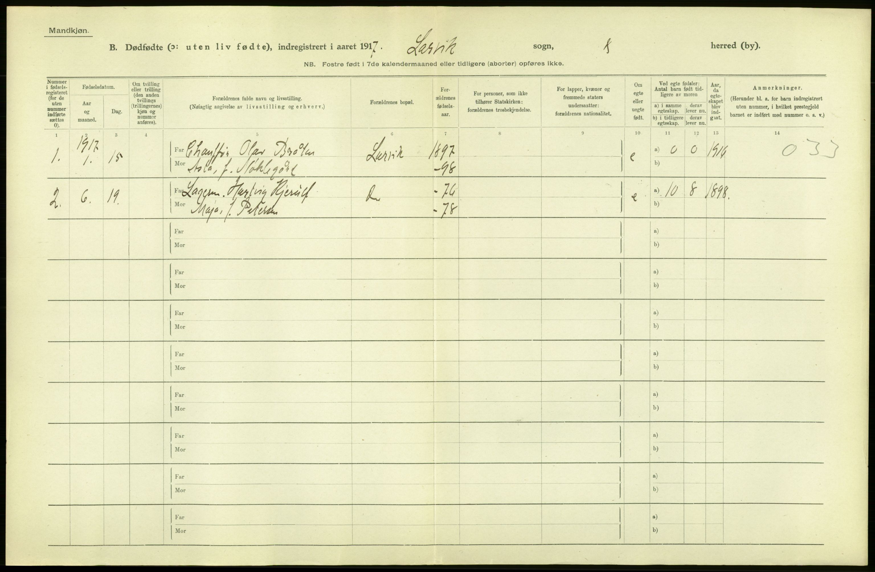 Statistisk sentralbyrå, Sosiodemografiske emner, Befolkning, AV/RA-S-2228/D/Df/Dfb/Dfbg/L0023: Jarlsberg og Larviks amt: Døde, dødfødte. Bygder og byer., 1917, s. 6