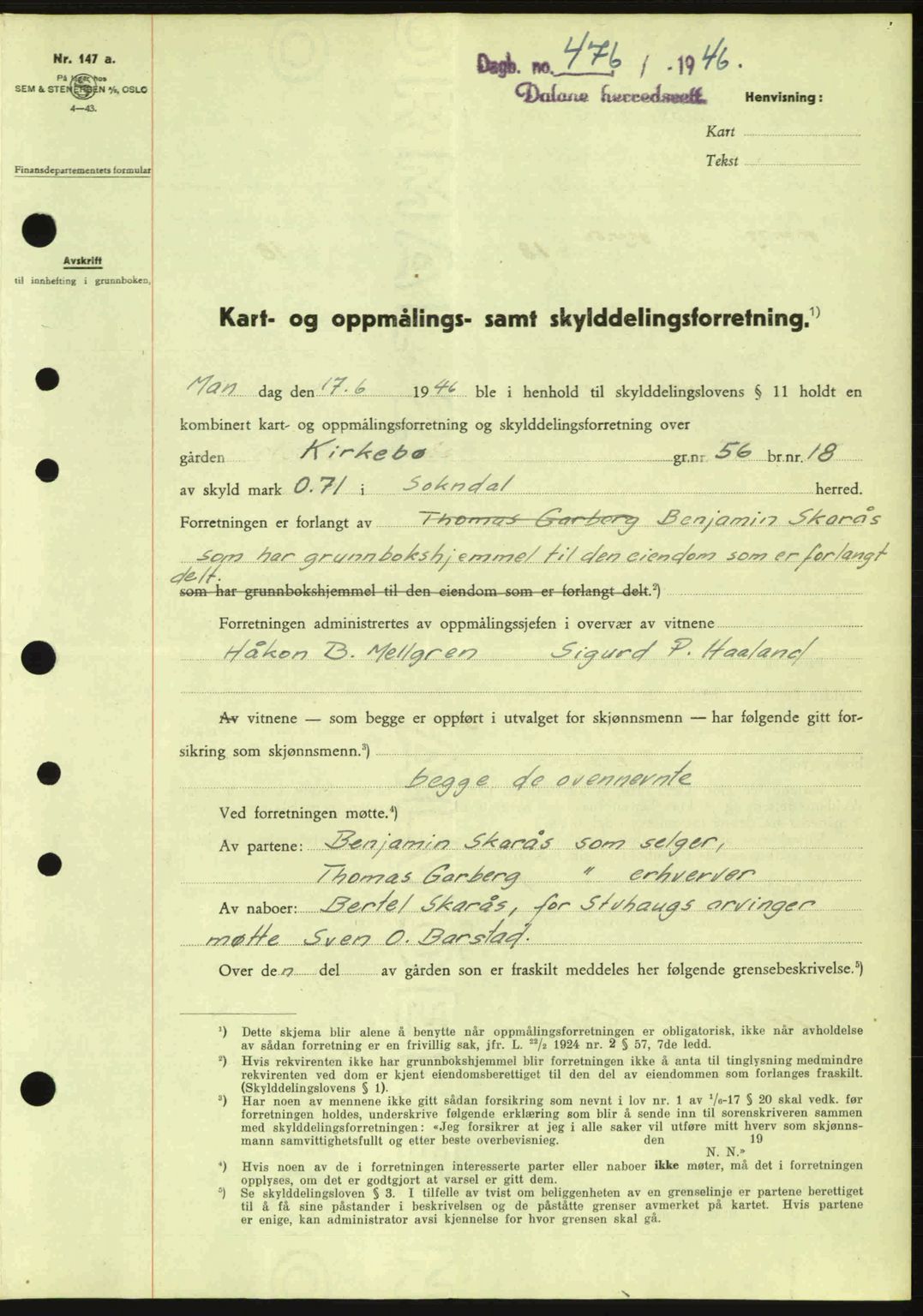 Dalane sorenskriveri, SAST/A-100309/02/G/Gb/L0049: Pantebok nr. A9, 1946-1947, Dagboknr: 476/1946
