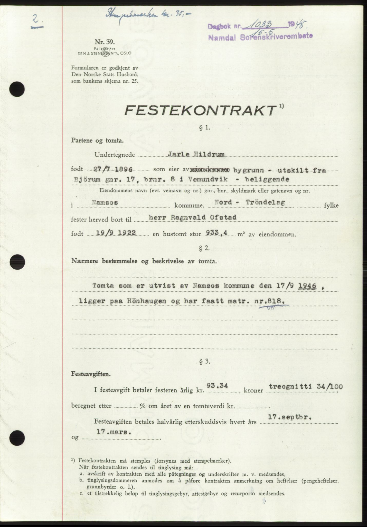 Namdal sorenskriveri, SAT/A-4133/1/2/2C: Pantebok nr. -, 1947-1948, Dagboknr: 1033/1948