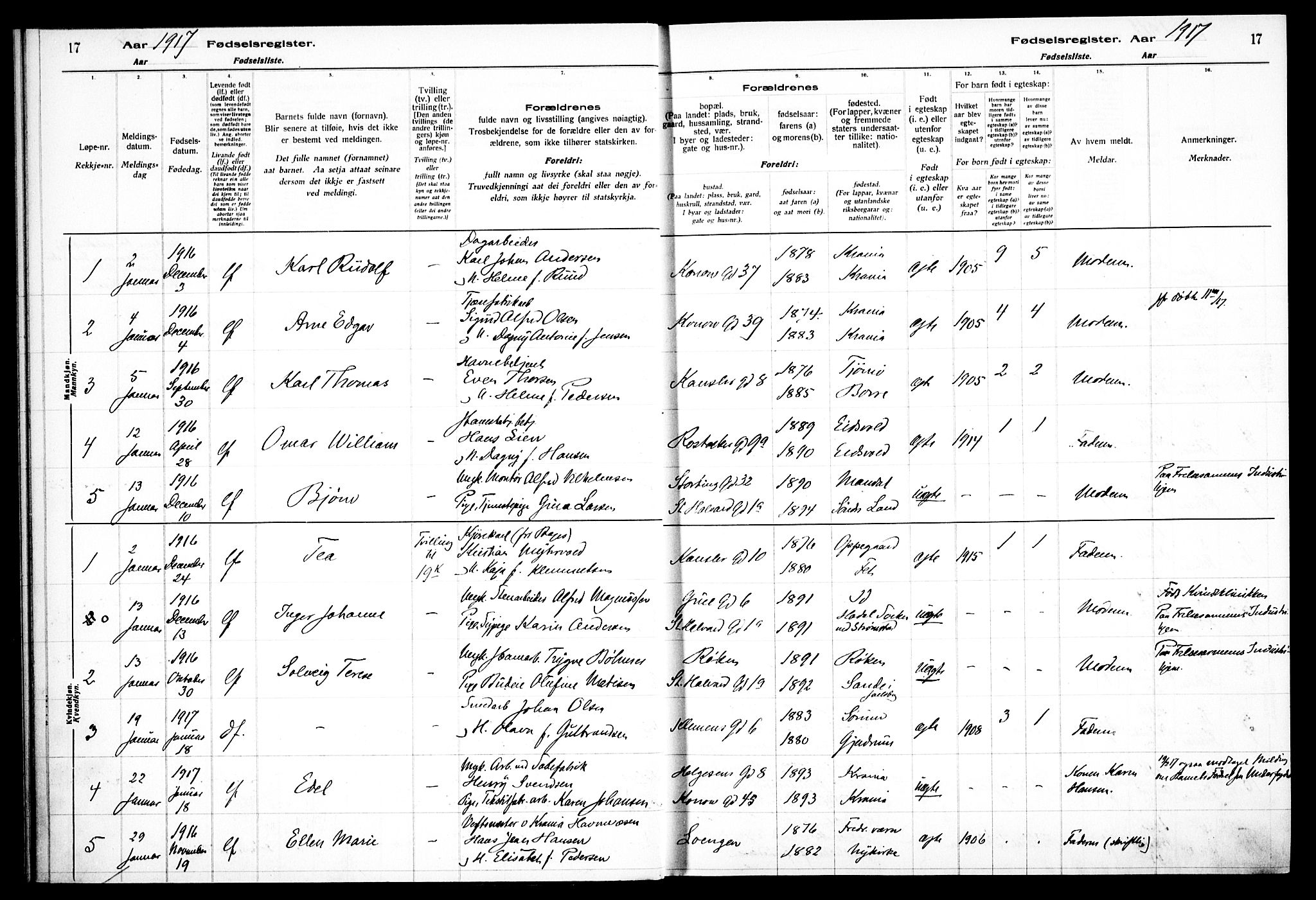 Gamlebyen prestekontor Kirkebøker, SAO/A-10884/J/Ja/L0001: Fødselsregister nr. 1, 1916-1936, s. 17