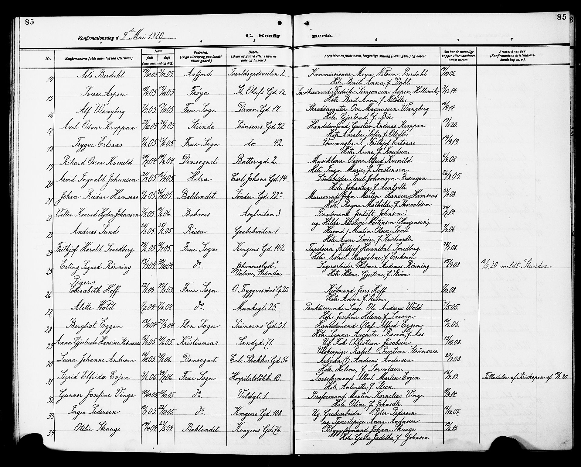 Ministerialprotokoller, klokkerbøker og fødselsregistre - Sør-Trøndelag, AV/SAT-A-1456/602/L0147: Klokkerbok nr. 602C15, 1911-1924, s. 85