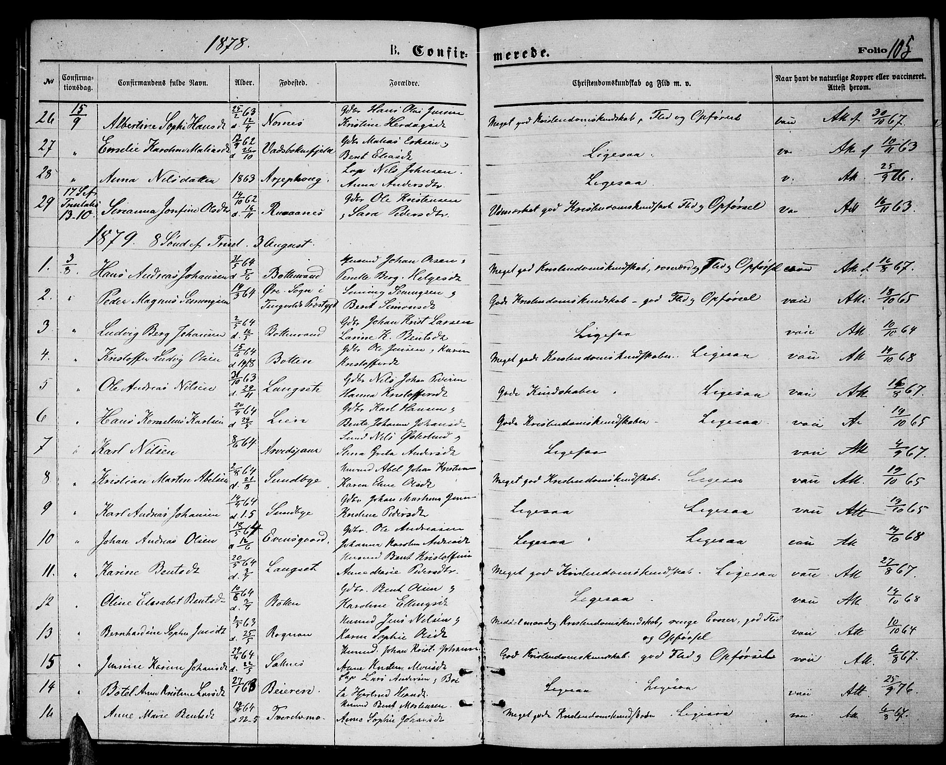 Ministerialprotokoller, klokkerbøker og fødselsregistre - Nordland, SAT/A-1459/847/L0679: Klokkerbok nr. 847C07, 1870-1888, s. 105