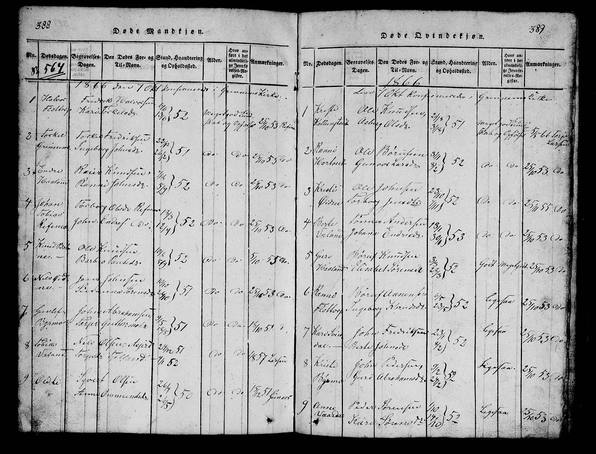 Bjelland sokneprestkontor, SAK/1111-0005/F/Fb/Fbc/L0001: Klokkerbok nr. B 1, 1815-1870, s. 388-389