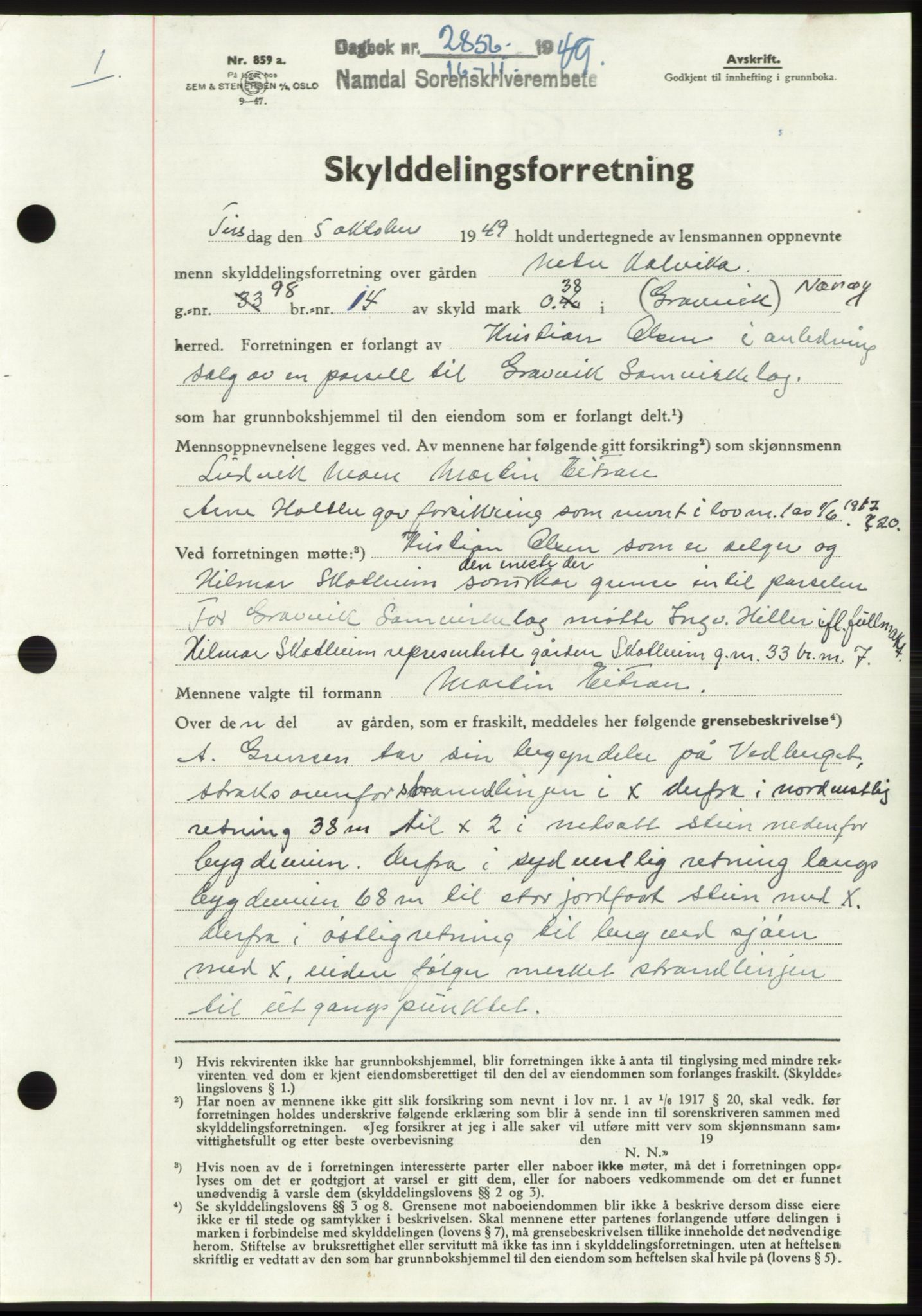 Namdal sorenskriveri, SAT/A-4133/1/2/2C: Pantebok nr. -, 1949-1949, Dagboknr: 2856/1949