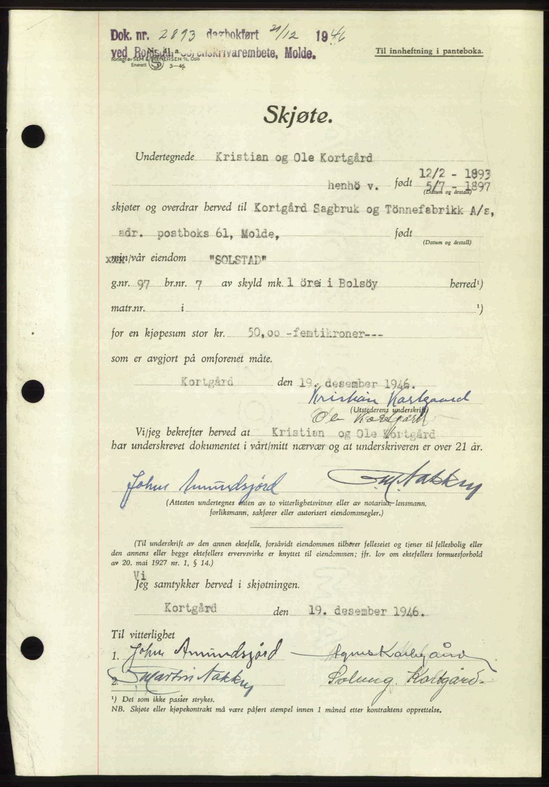 Romsdal sorenskriveri, AV/SAT-A-4149/1/2/2C: Pantebok nr. A21, 1946-1946, Dagboknr: 2893/1946