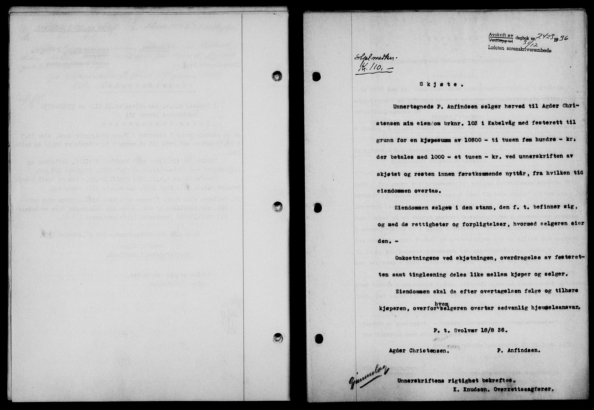 Lofoten sorenskriveri, SAT/A-0017/1/2/2C/L0001a: Pantebok nr. 1a, 1936-1937, Dagboknr: 2423/1936