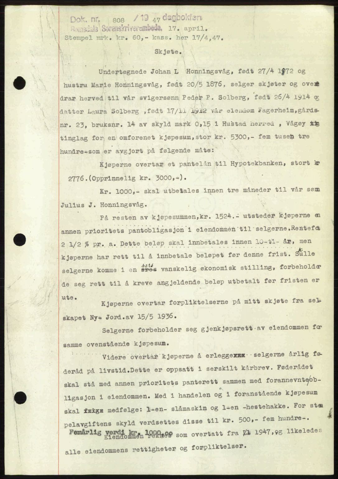 Romsdal sorenskriveri, SAT/A-4149/1/2/2C: Pantebok nr. A22, 1947-1947, Dagboknr: 808/1947