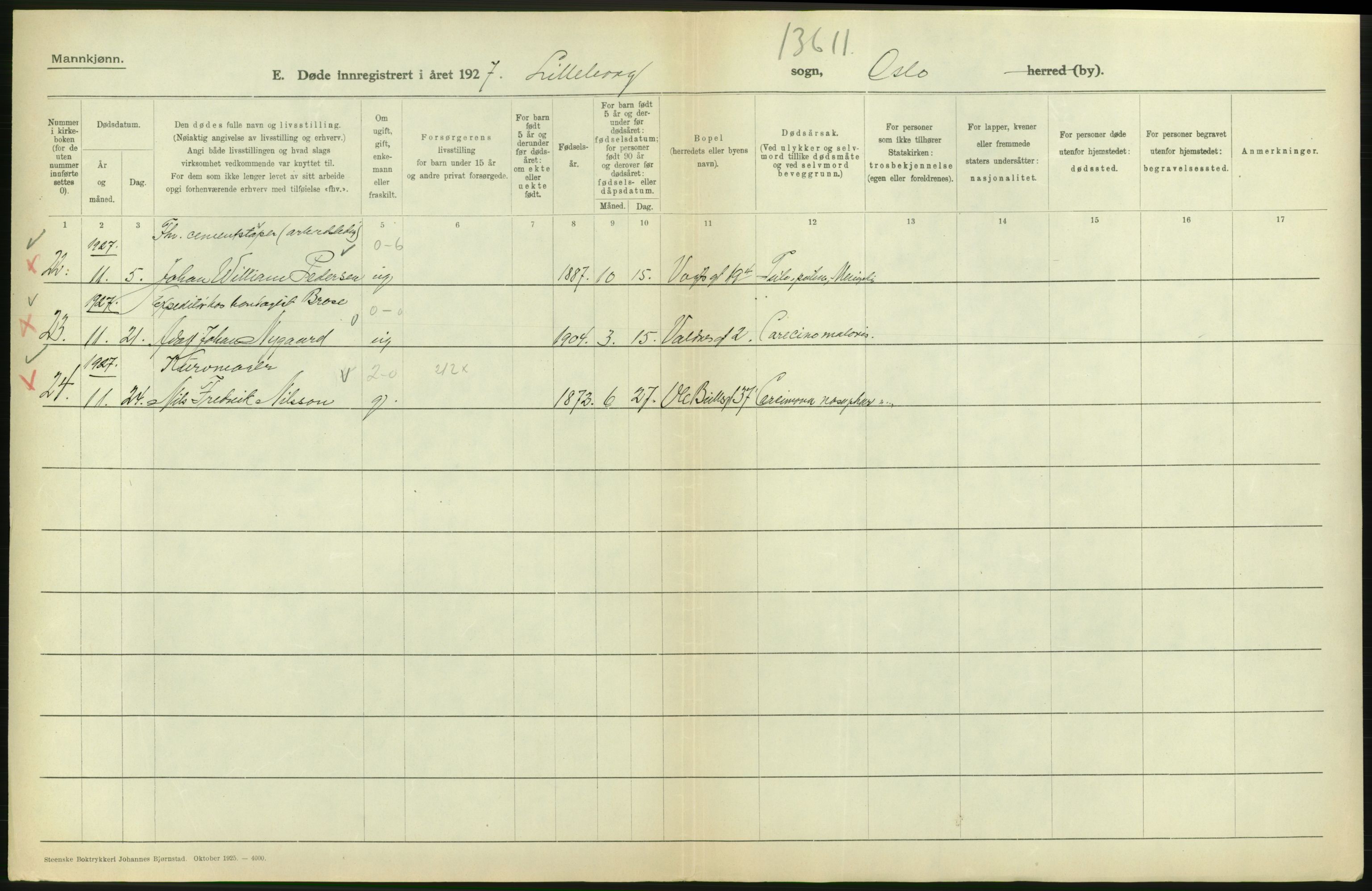 Statistisk sentralbyrå, Sosiodemografiske emner, Befolkning, RA/S-2228/D/Df/Dfc/Dfcg/L0009: Oslo: Døde menn, 1927, s. 298