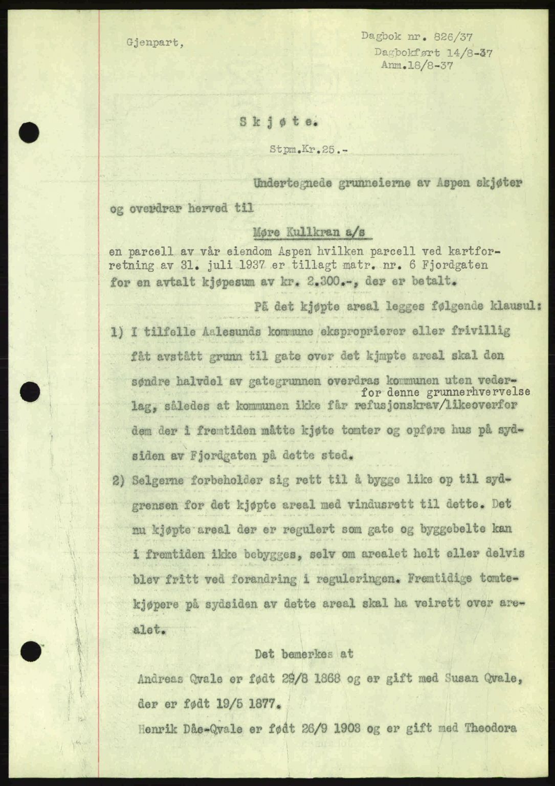 Ålesund byfogd, AV/SAT-A-4384: Pantebok nr. 34 I, 1936-1938, Dagboknr: 826/1937