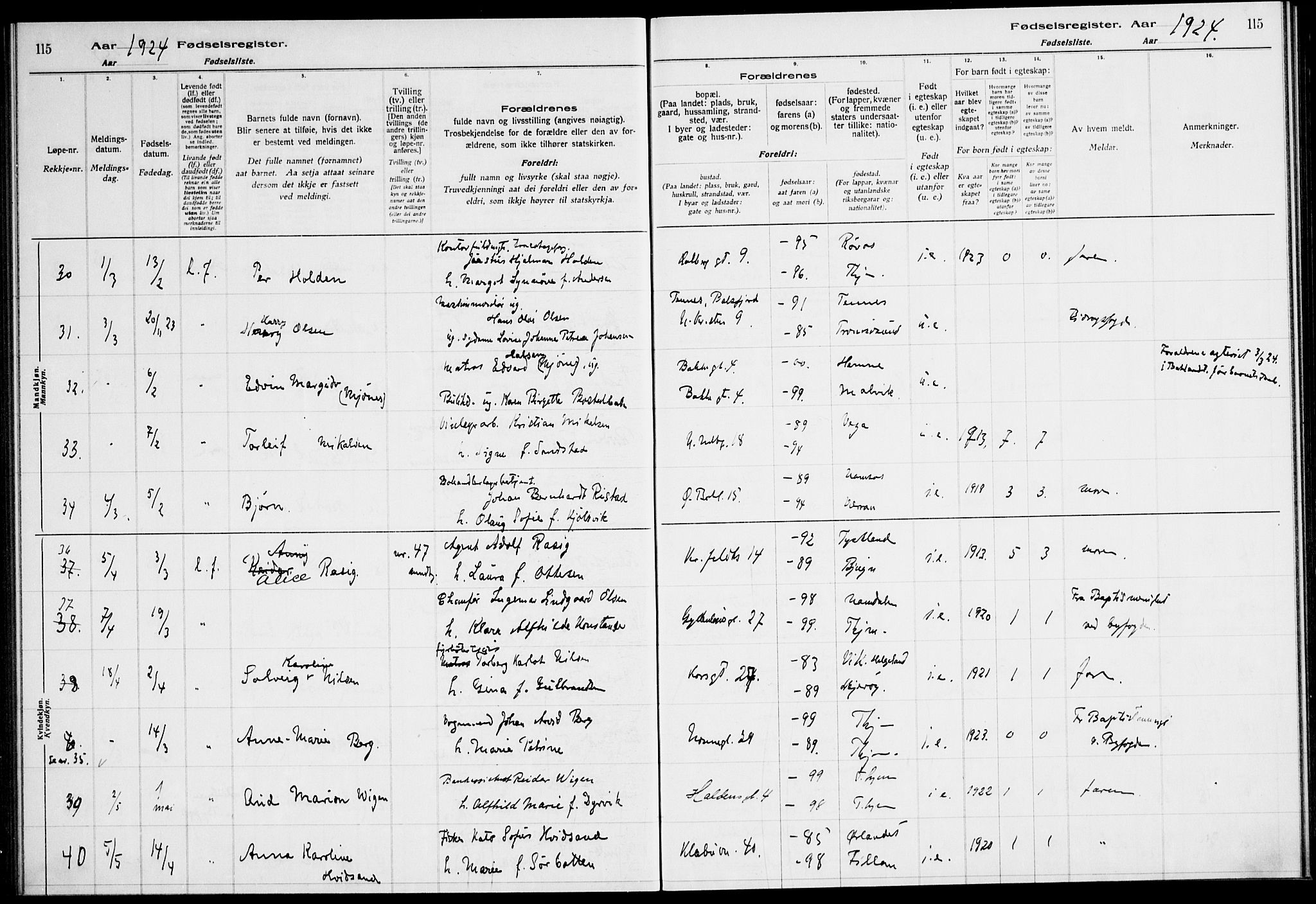 Ministerialprotokoller, klokkerbøker og fødselsregistre - Sør-Trøndelag, AV/SAT-A-1456/604/L0233: Fødselsregister nr. 604.II.4.2, 1920-1928, s. 115