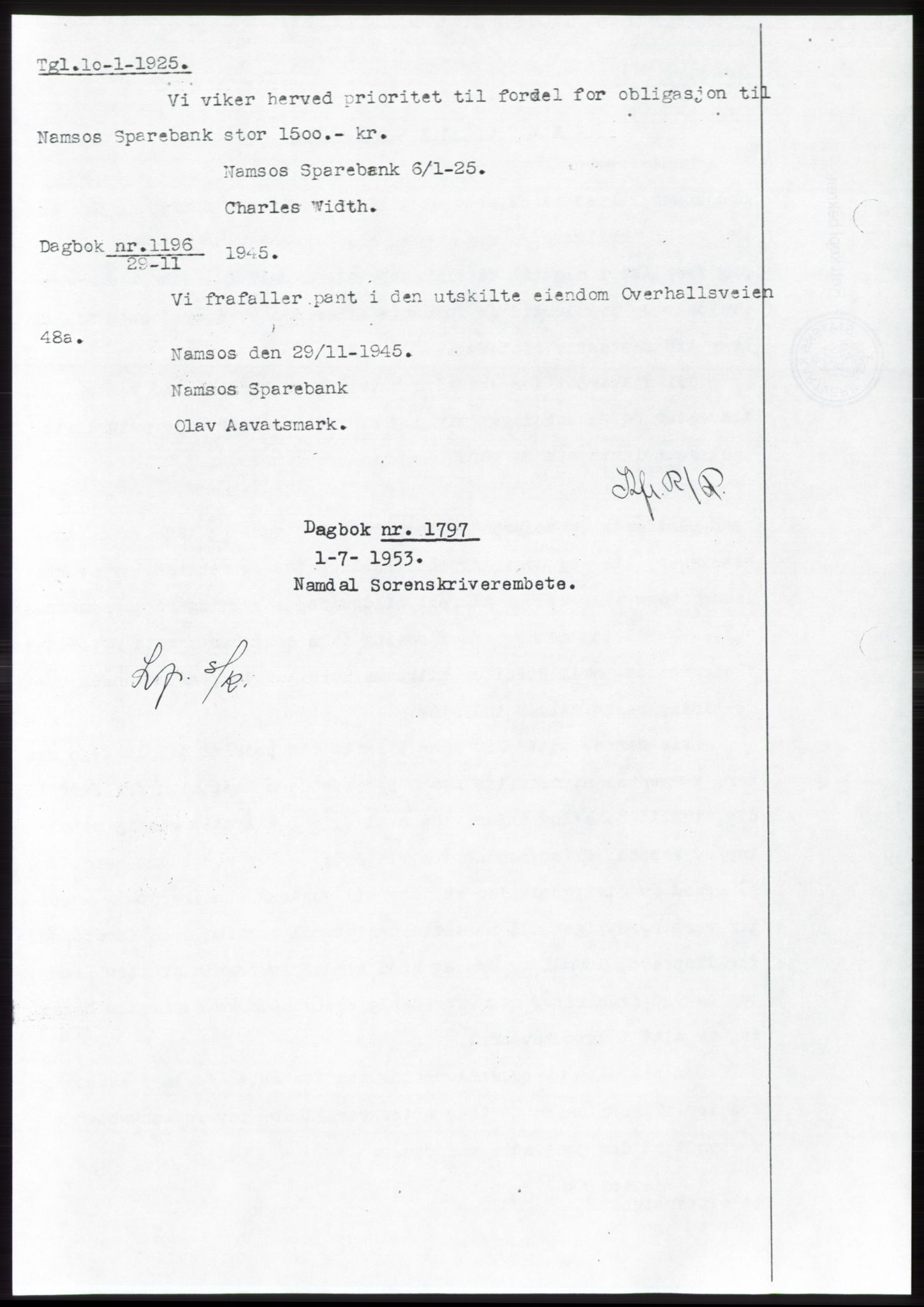 Namdal sorenskriveri, SAT/A-4133/1/2/2C: Pantebok nr. -, 1944-1945, Dagboknr: 1196/1945