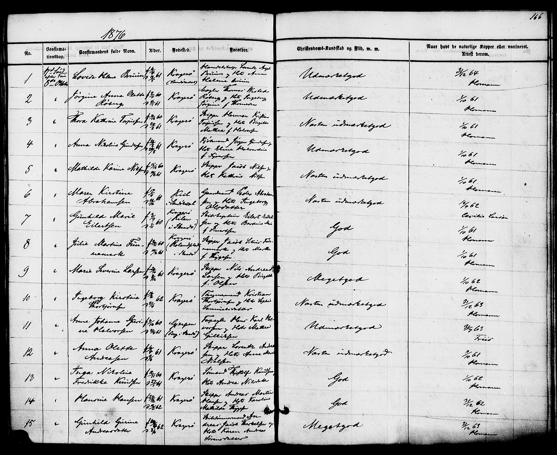 Kragerø kirkebøker, AV/SAKO-A-278/F/Fa/L0008: Ministerialbok nr. 8, 1856-1880, s. 166