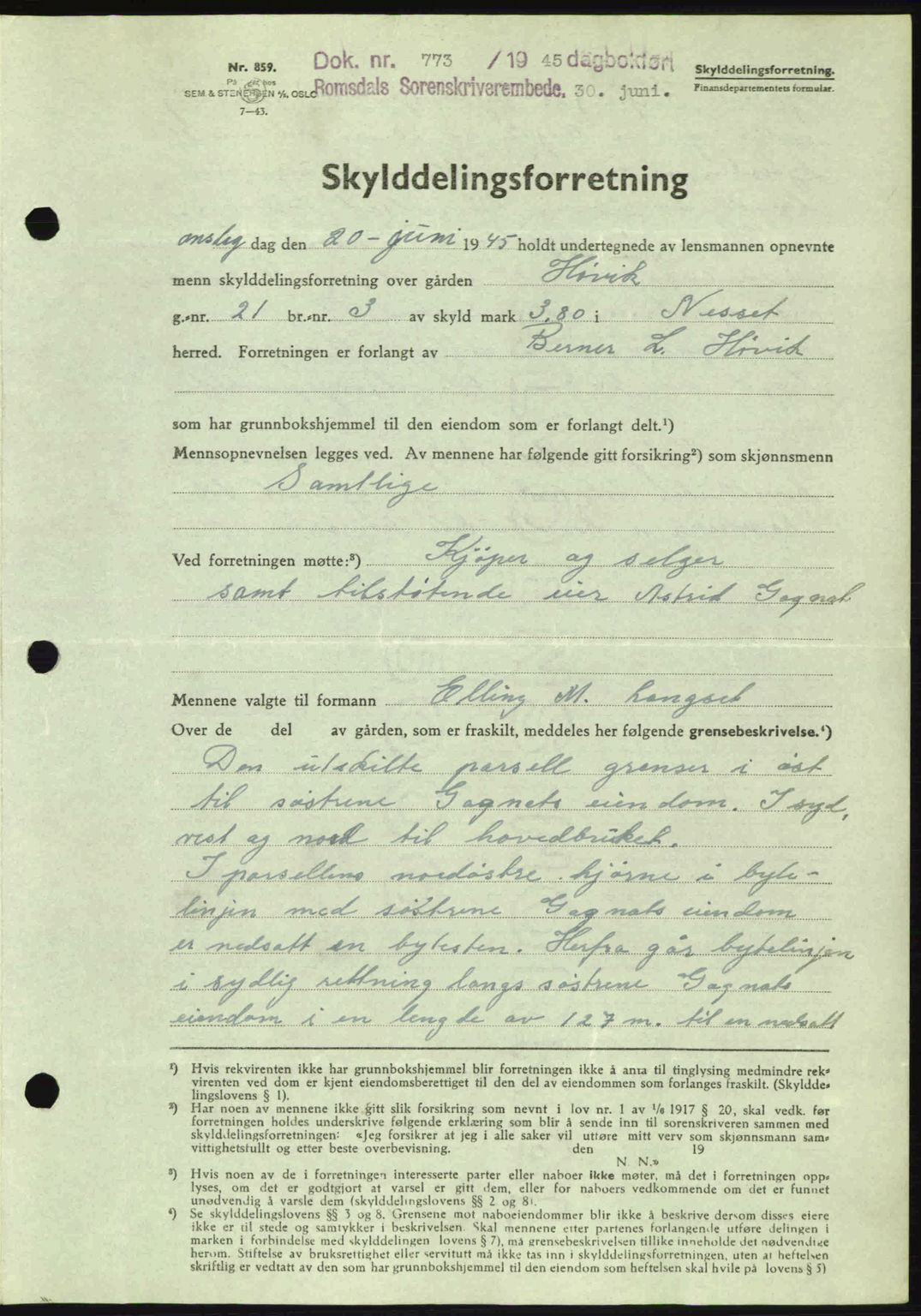 Romsdal sorenskriveri, SAT/A-4149/1/2/2C: Pantebok nr. A18, 1945-1945, Dagboknr: 773/1945