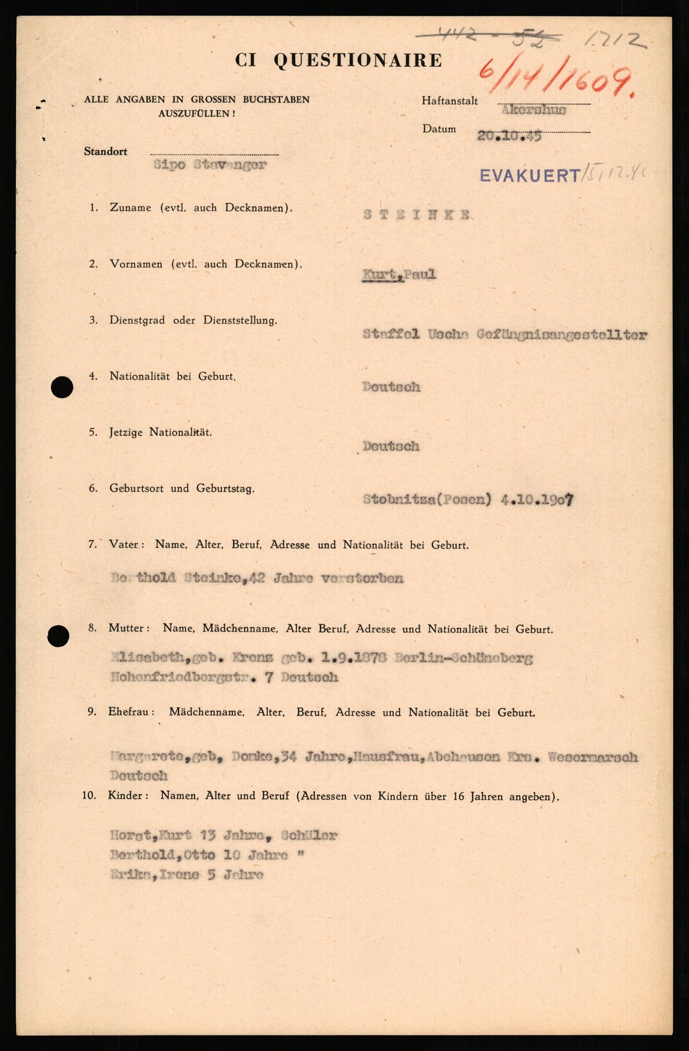 Forsvaret, Forsvarets overkommando II, AV/RA-RAFA-3915/D/Db/L0032: CI Questionaires. Tyske okkupasjonsstyrker i Norge. Tyskere., 1945-1946, s. 464