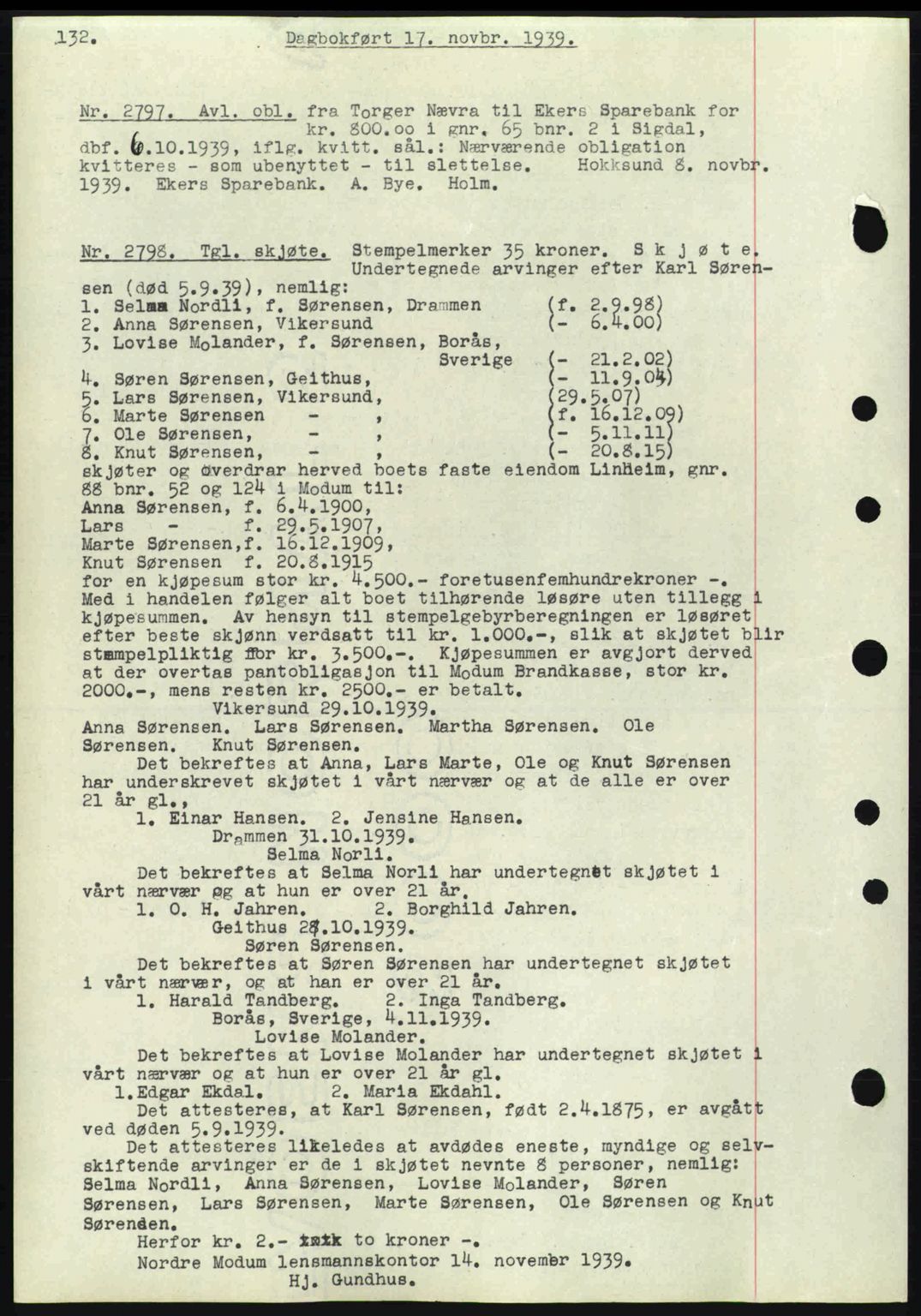 Eiker, Modum og Sigdal sorenskriveri, SAKO/A-123/G/Ga/Gab/L0041: Pantebok nr. A11, 1939-1940, Dagboknr: 2797/1939