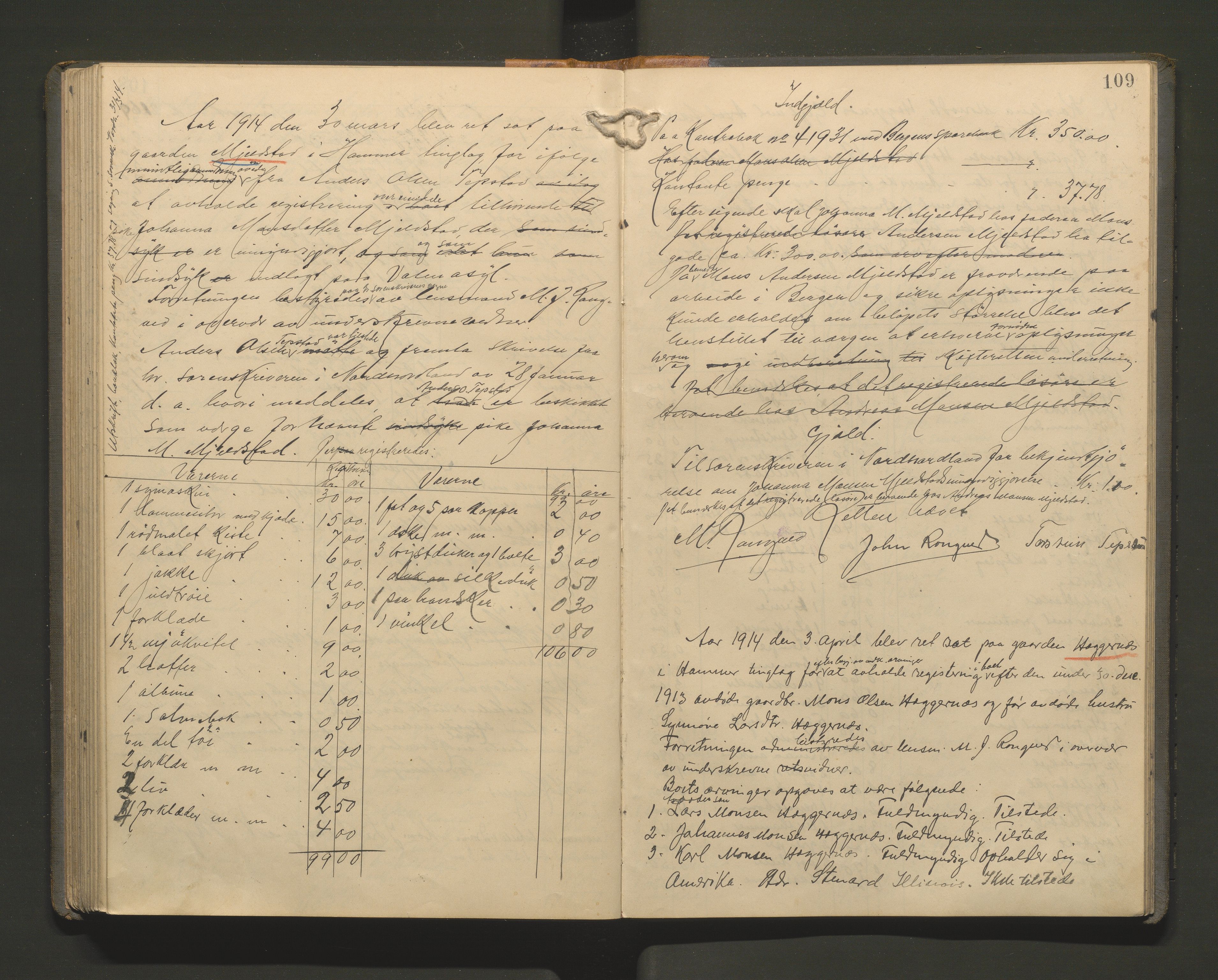 Lensmannen i Hamre, SAB/A-32601/0006/L0003: Registreringsprotokoll, 1904-1917, s. 108b-109a