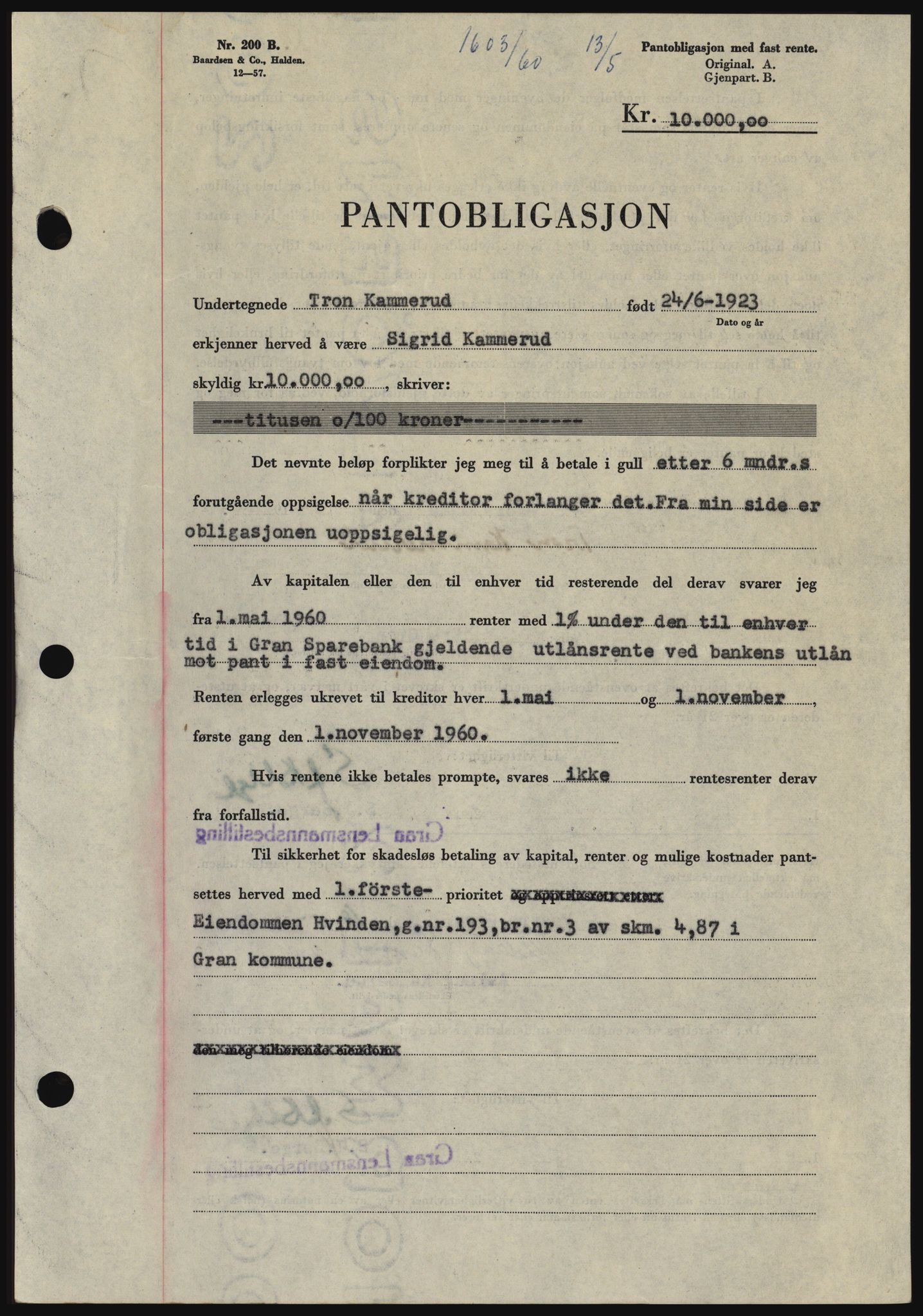 Hadeland og Land tingrett, SAH/TING-010/H/Hb/Hbc/L0042: Pantebok nr. B42, 1959-1960, Dagboknr: 1603/1960