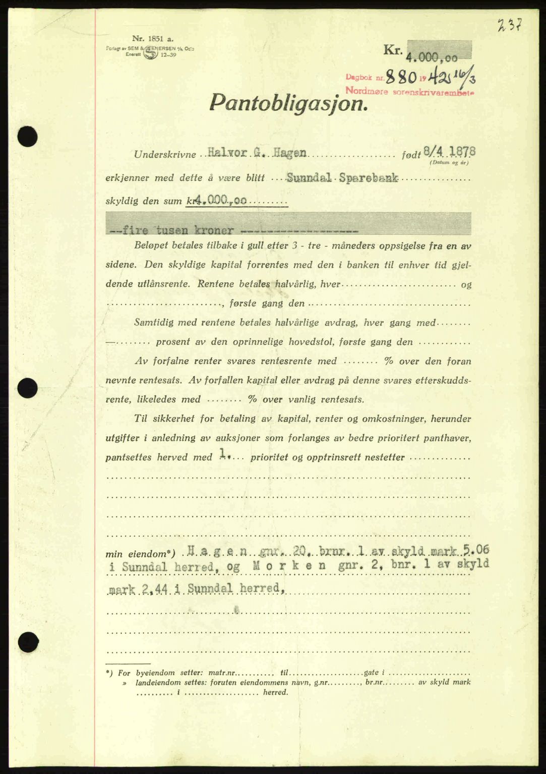 Nordmøre sorenskriveri, AV/SAT-A-4132/1/2/2Ca: Pantebok nr. B89, 1942-1942, Dagboknr: 880/1942