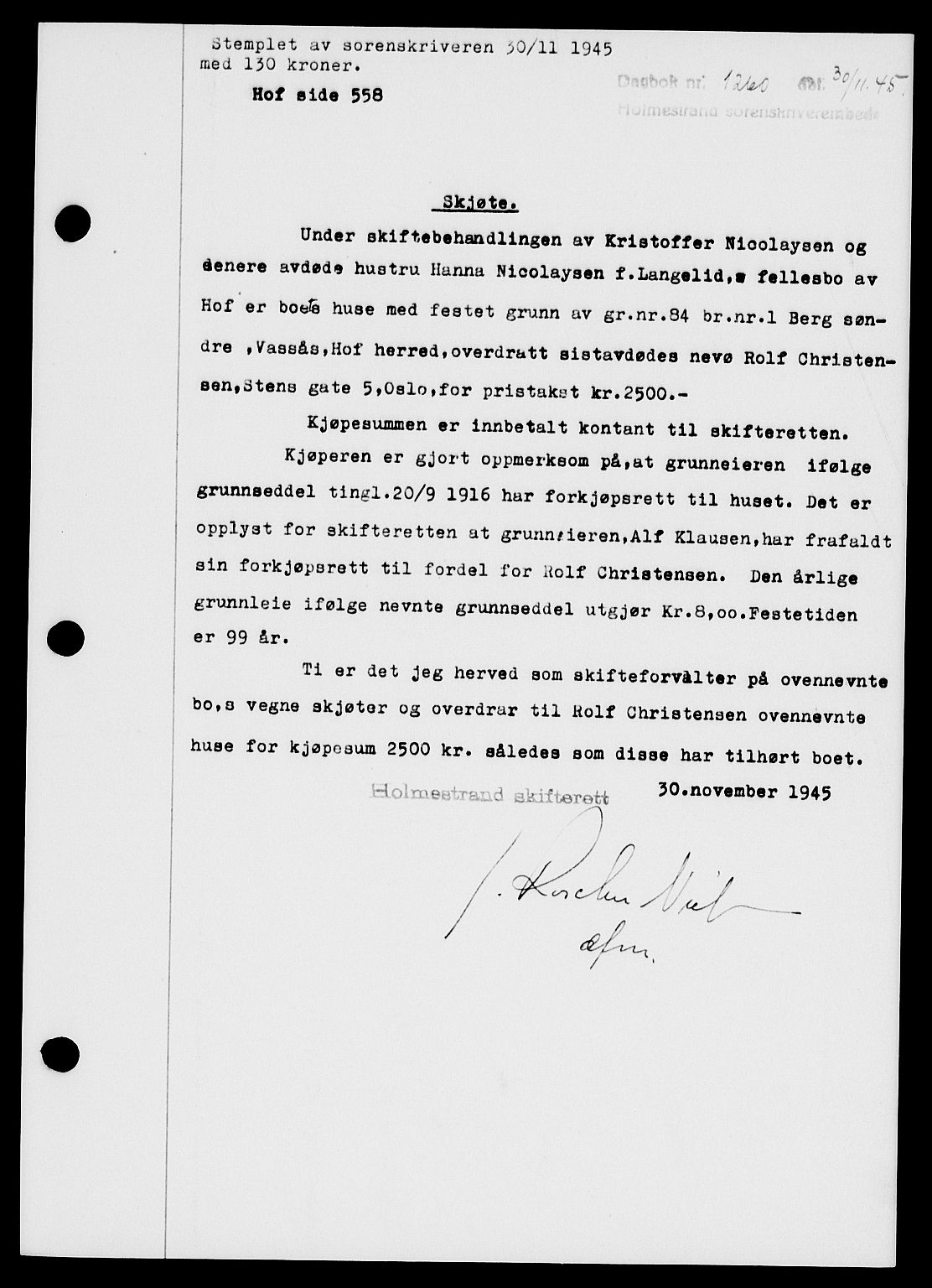 Holmestrand sorenskriveri, SAKO/A-67/G/Ga/Gaa/L0059: Pantebok nr. A-59, 1945-1946, Dagboknr: 1260/1945