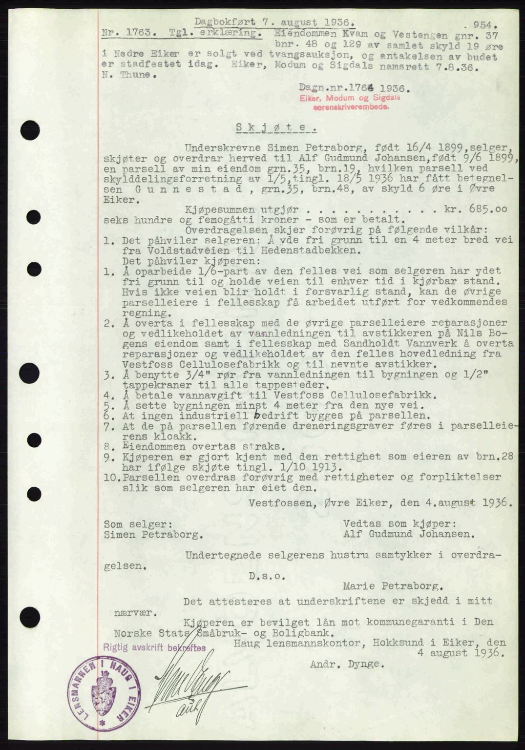 Eiker, Modum og Sigdal sorenskriveri, SAKO/A-123/G/Ga/Gab/L0032: Pantebok nr. A2, 1936-1936, Dagboknr: 1763/1936