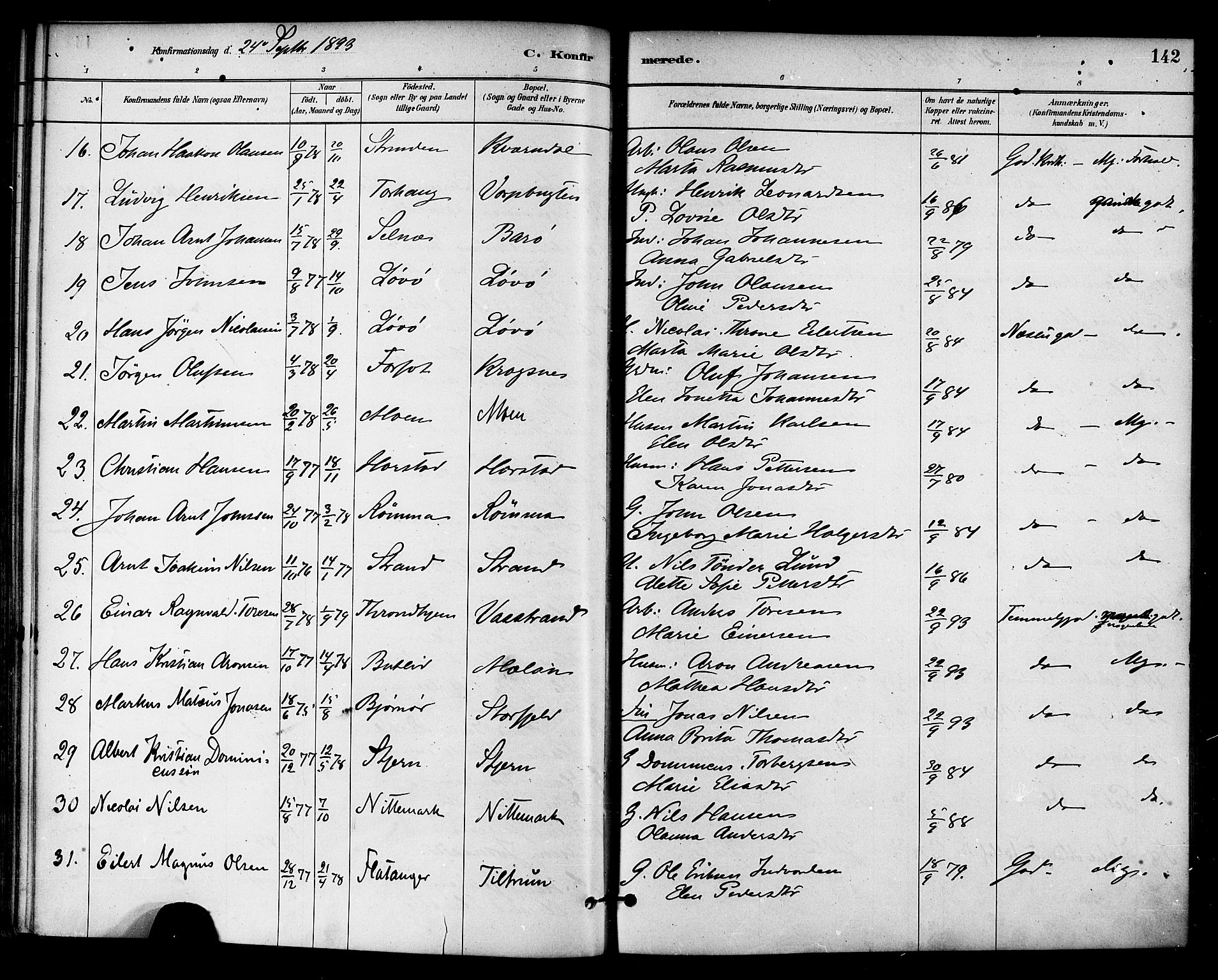 Ministerialprotokoller, klokkerbøker og fødselsregistre - Sør-Trøndelag, SAT/A-1456/655/L0680: Ministerialbok nr. 655A09, 1880-1894, s. 142