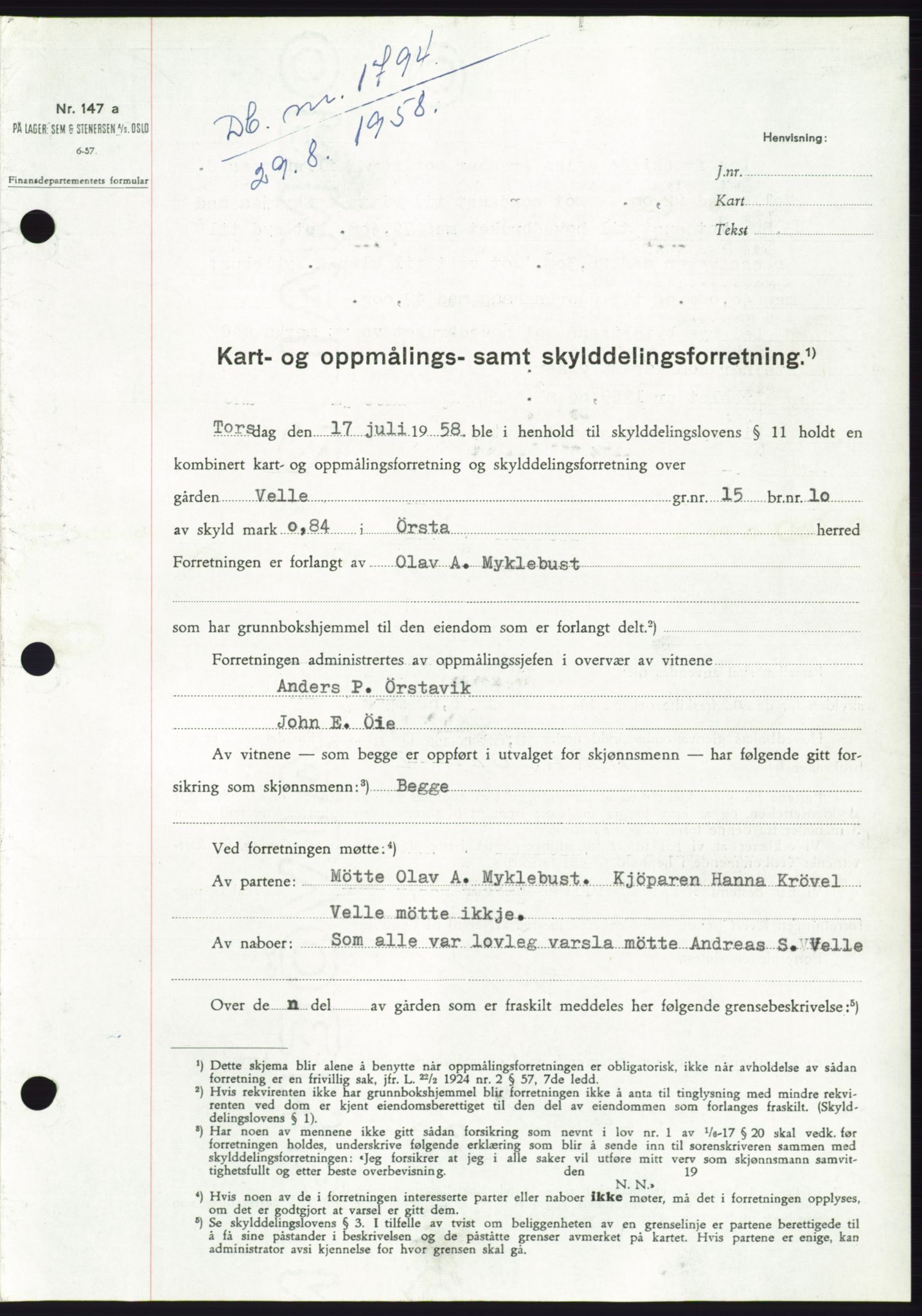 Søre Sunnmøre sorenskriveri, AV/SAT-A-4122/1/2/2C/L0110: Pantebok nr. 36A, 1958-1958, Dagboknr: 1794/1958