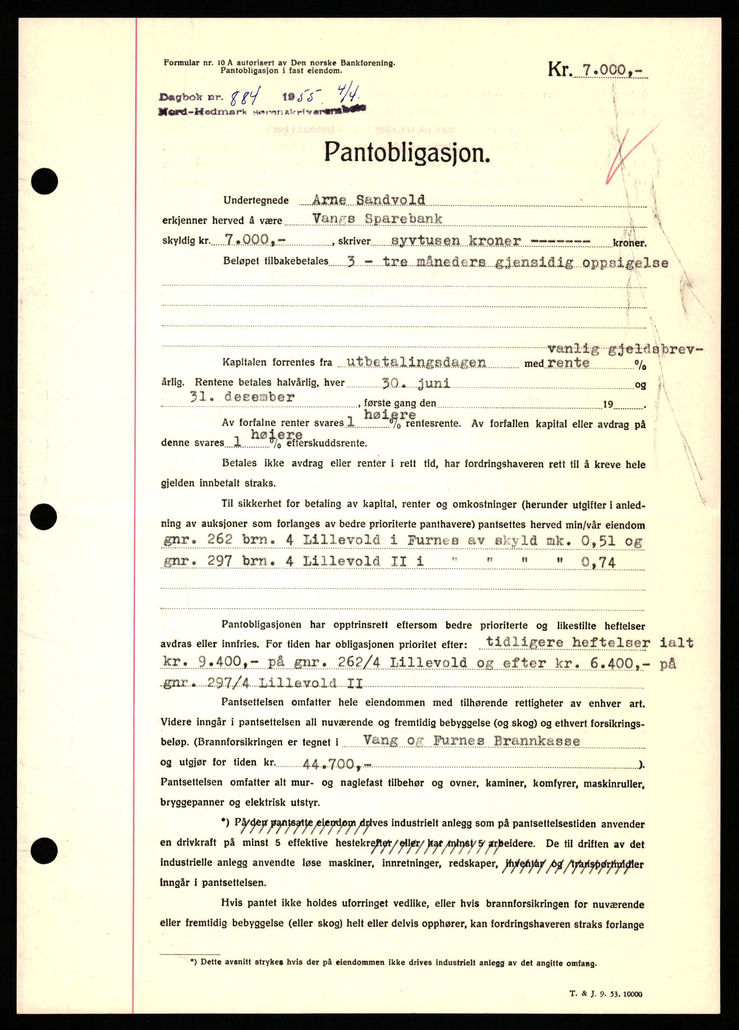 Nord-Hedmark sorenskriveri, SAH/TING-012/H/Hb/Hbf/L0032: Pantebok nr. B32, 1955-1955, Dagboknr: 884/1952