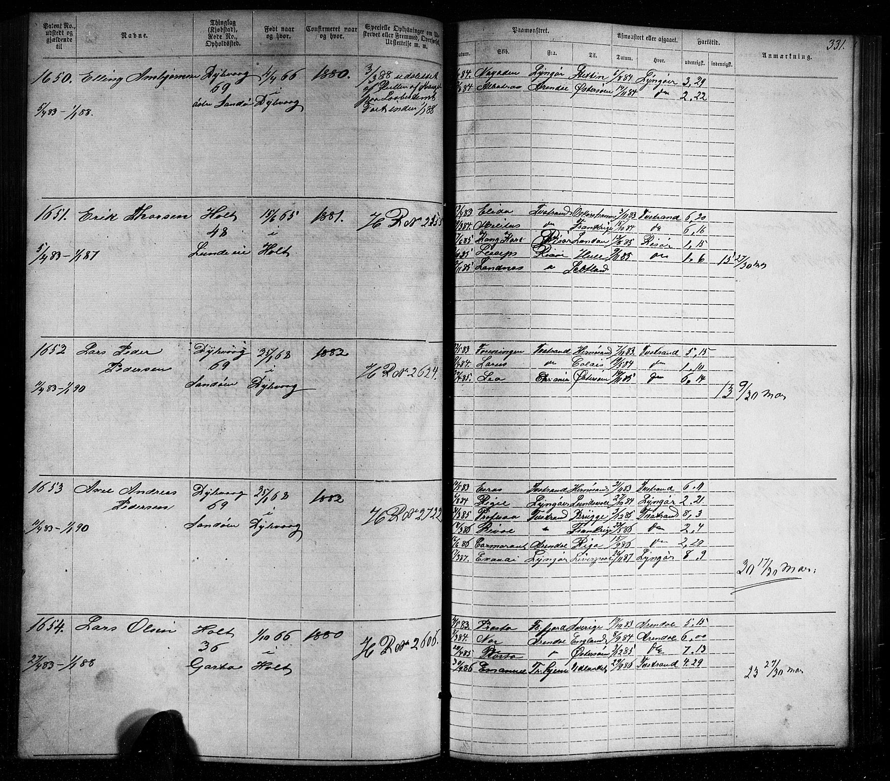 Tvedestrand mønstringskrets, SAK/2031-0011/F/Fa/L0003: Annotasjonsrulle nr 1-1905 med register, U-25, 1866-1886, s. 355
