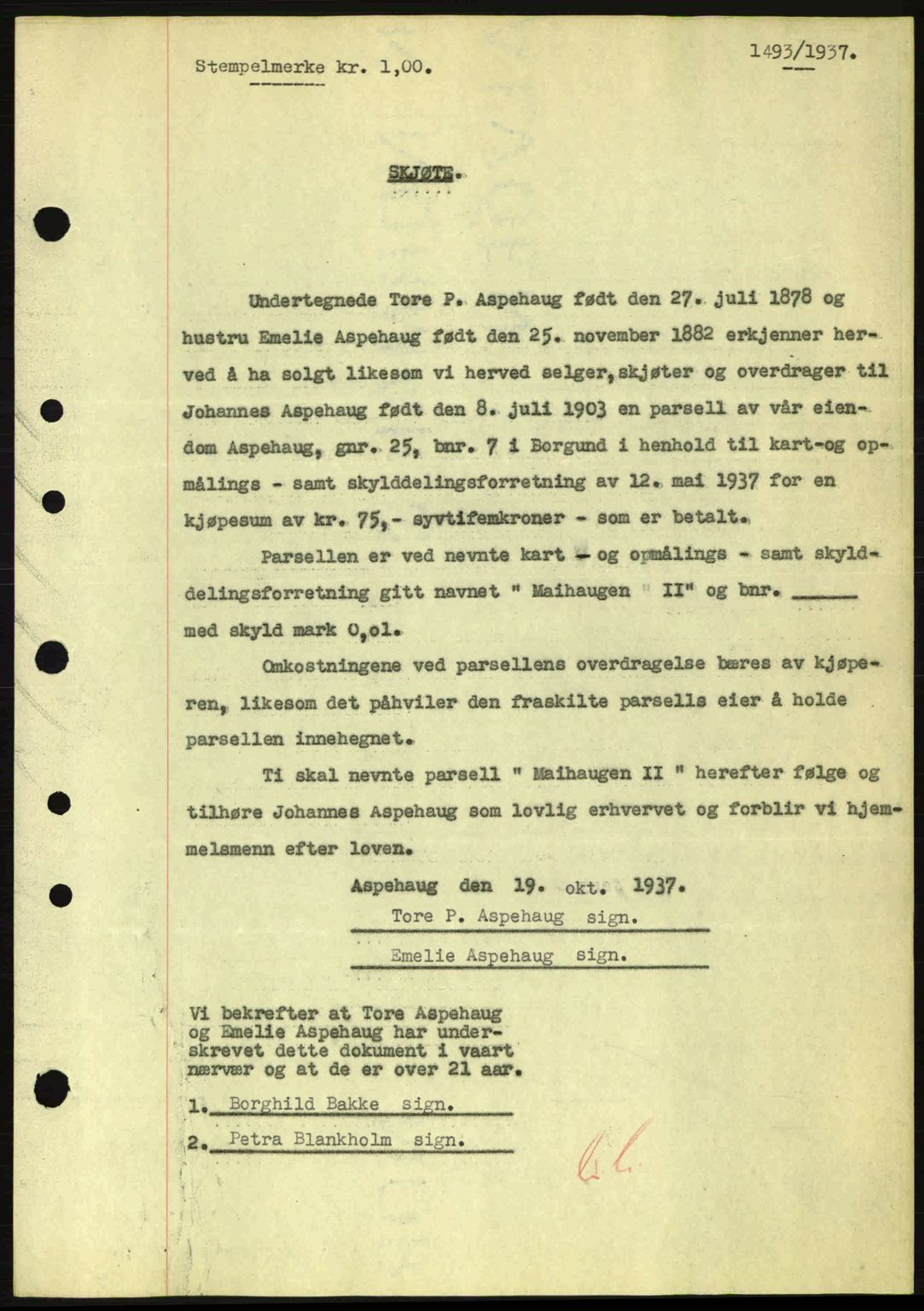 Nordre Sunnmøre sorenskriveri, SAT/A-0006/1/2/2C/2Ca: Pantebok nr. A3, 1937-1937, Dagboknr: 1493/1937
