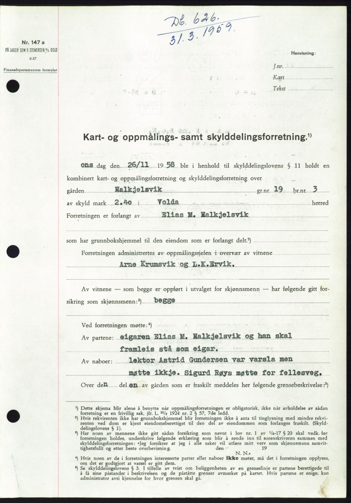 Søre Sunnmøre sorenskriveri, SAT/A-4122/1/2/2C/L0112: Pantebok nr. 38A, 1959-1959, Dagboknr: 626/1959