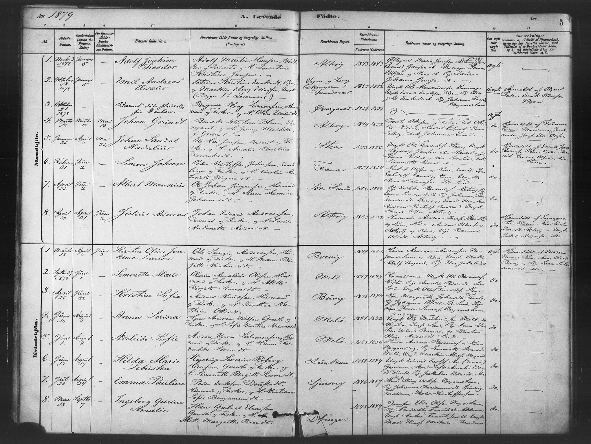 Sand/Bjarkøy sokneprestkontor, AV/SATØ-S-0811/I/Ia/Iaa/L0003kirke: Ministerialbok nr. 3, 1878-1892, s. 5