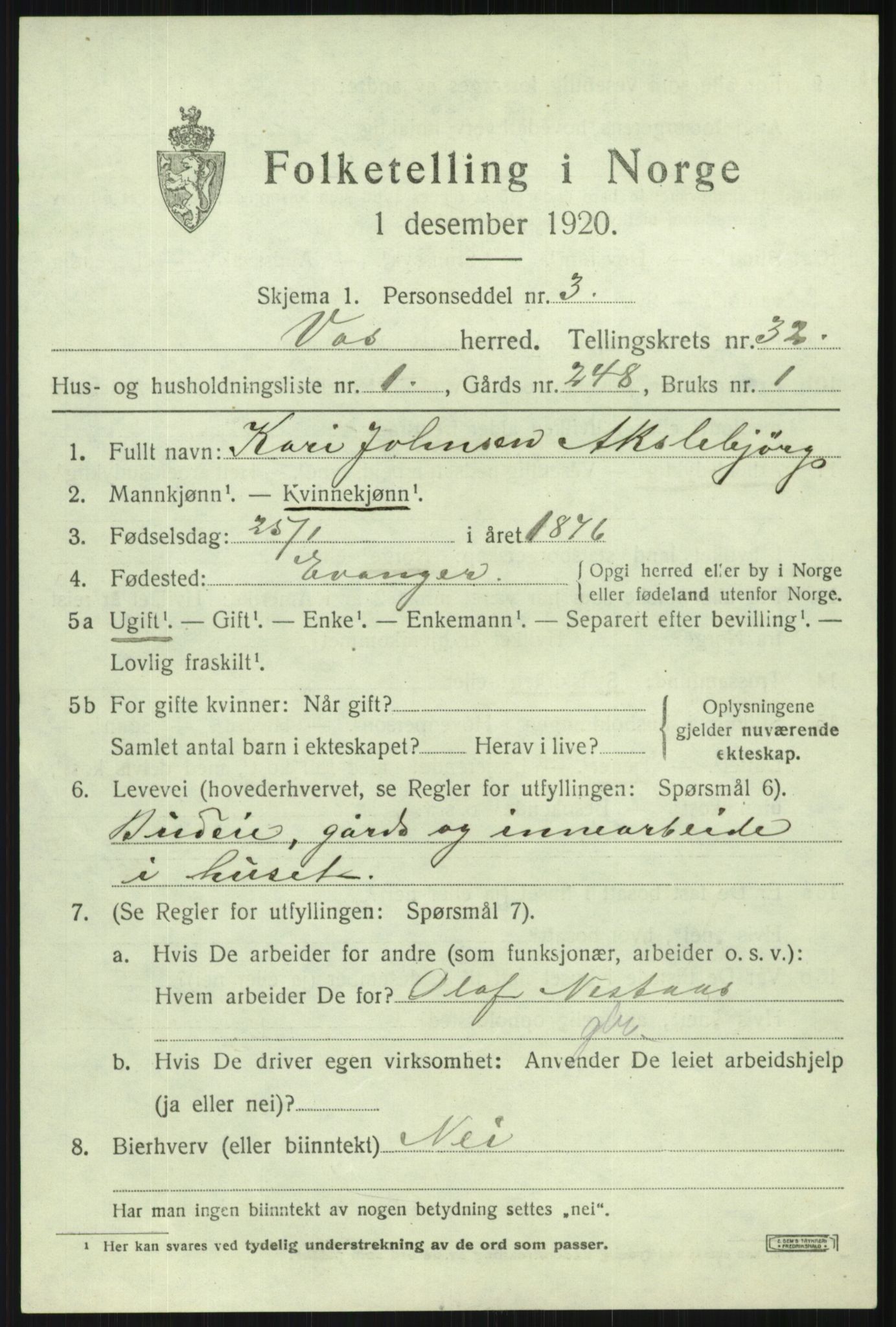 SAB, Folketelling 1920 for 1235 Voss herred, 1920, s. 20325