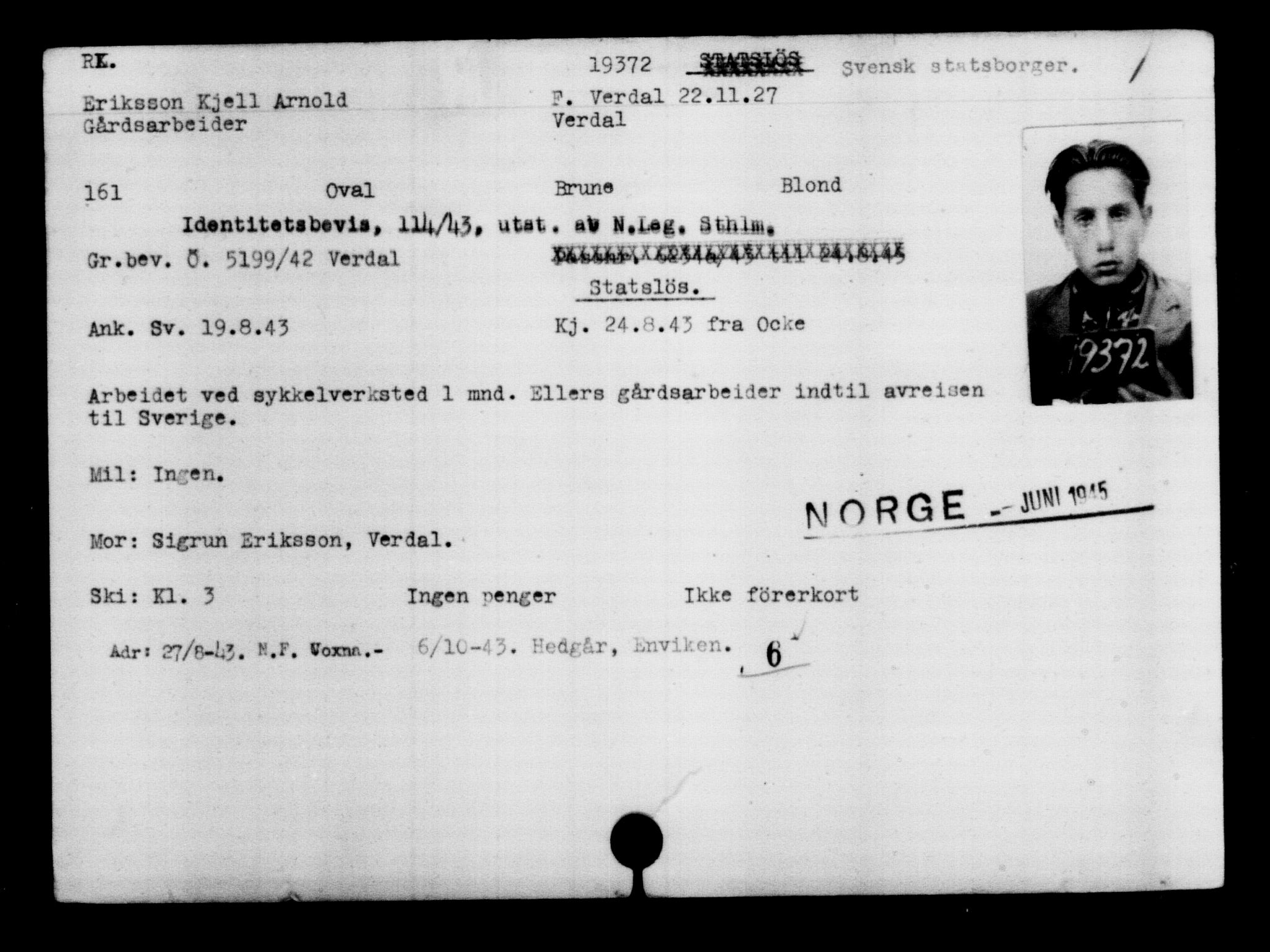 Utenriksstasjonene, Legasjonen i Stockholm, Flyktningkontoret, AV/RA-S-6753/V/Va/L0009: Kjesäterkartoteket, flyktninger med registreringsnr. 18502-22048, 1940-1945, s. 1021