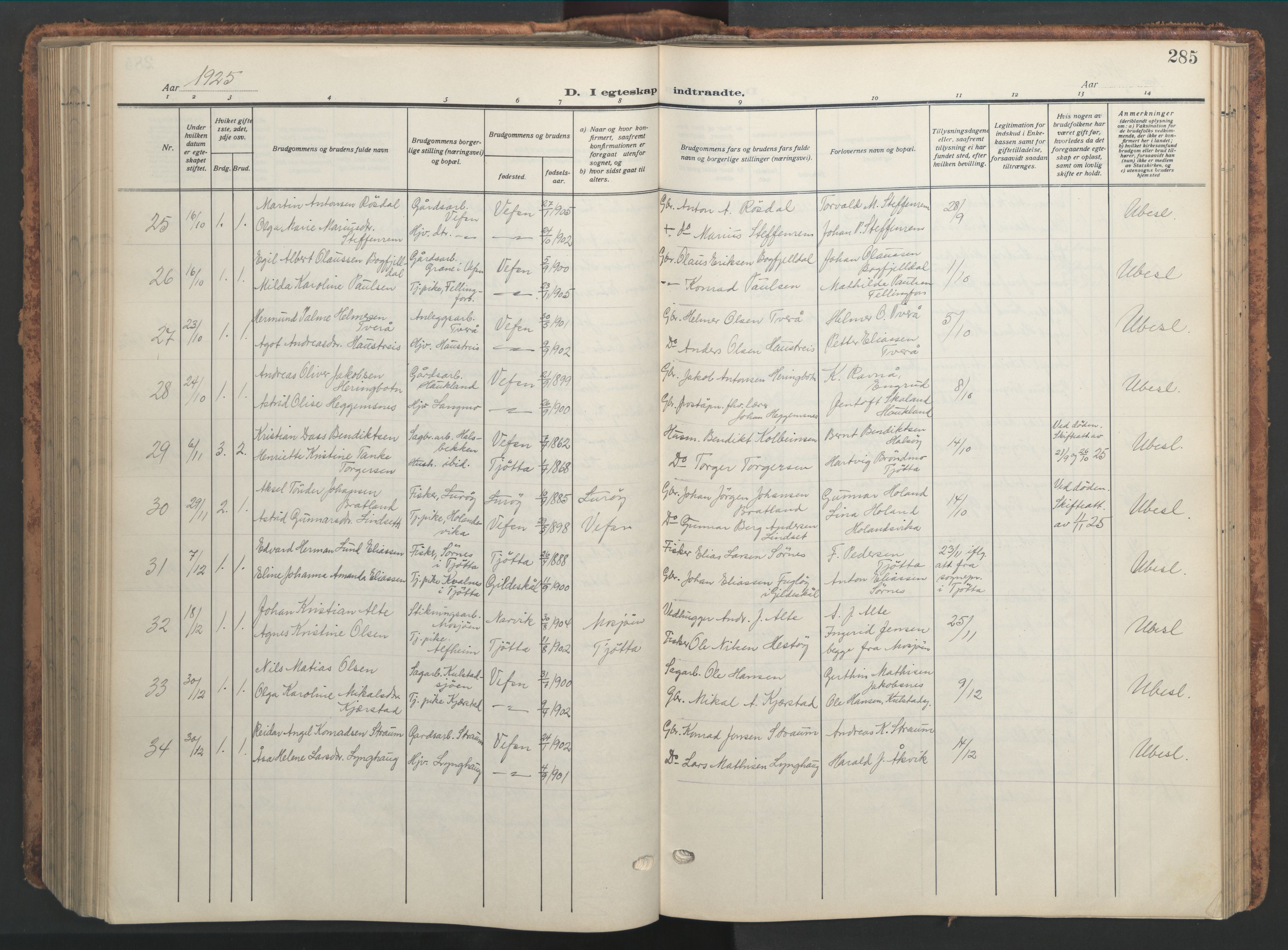 Ministerialprotokoller, klokkerbøker og fødselsregistre - Nordland, AV/SAT-A-1459/820/L0302: Klokkerbok nr. 820C04, 1917-1948, s. 285