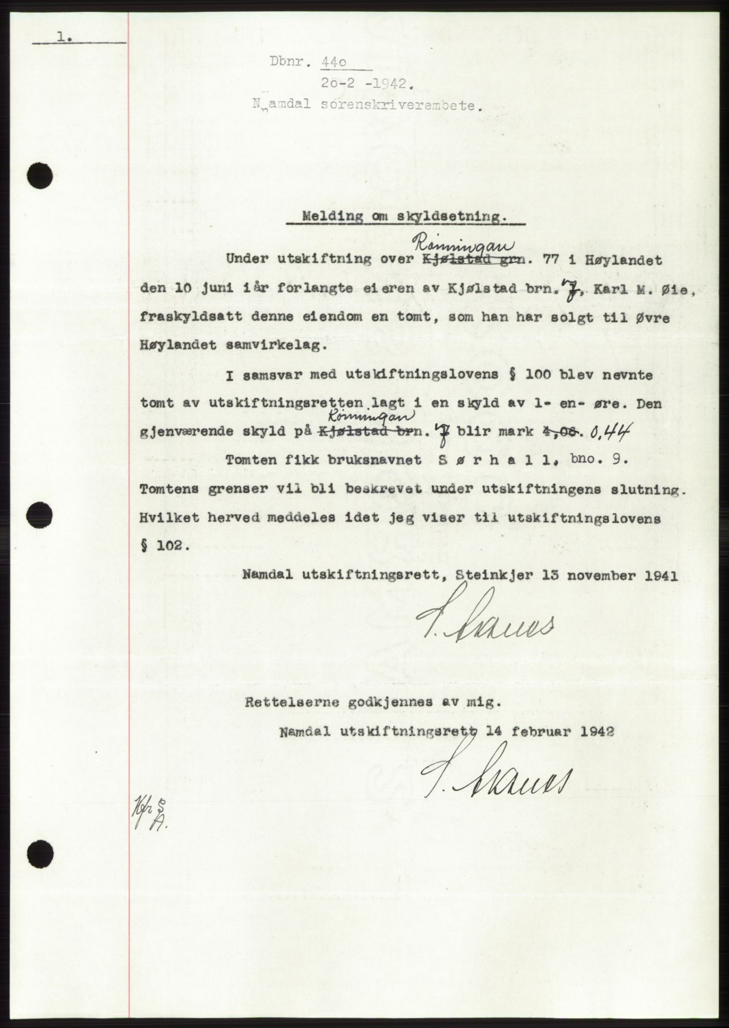 Namdal sorenskriveri, SAT/A-4133/1/2/2C: Pantebok nr. -, 1941-1942, Dagboknr: 440/1942