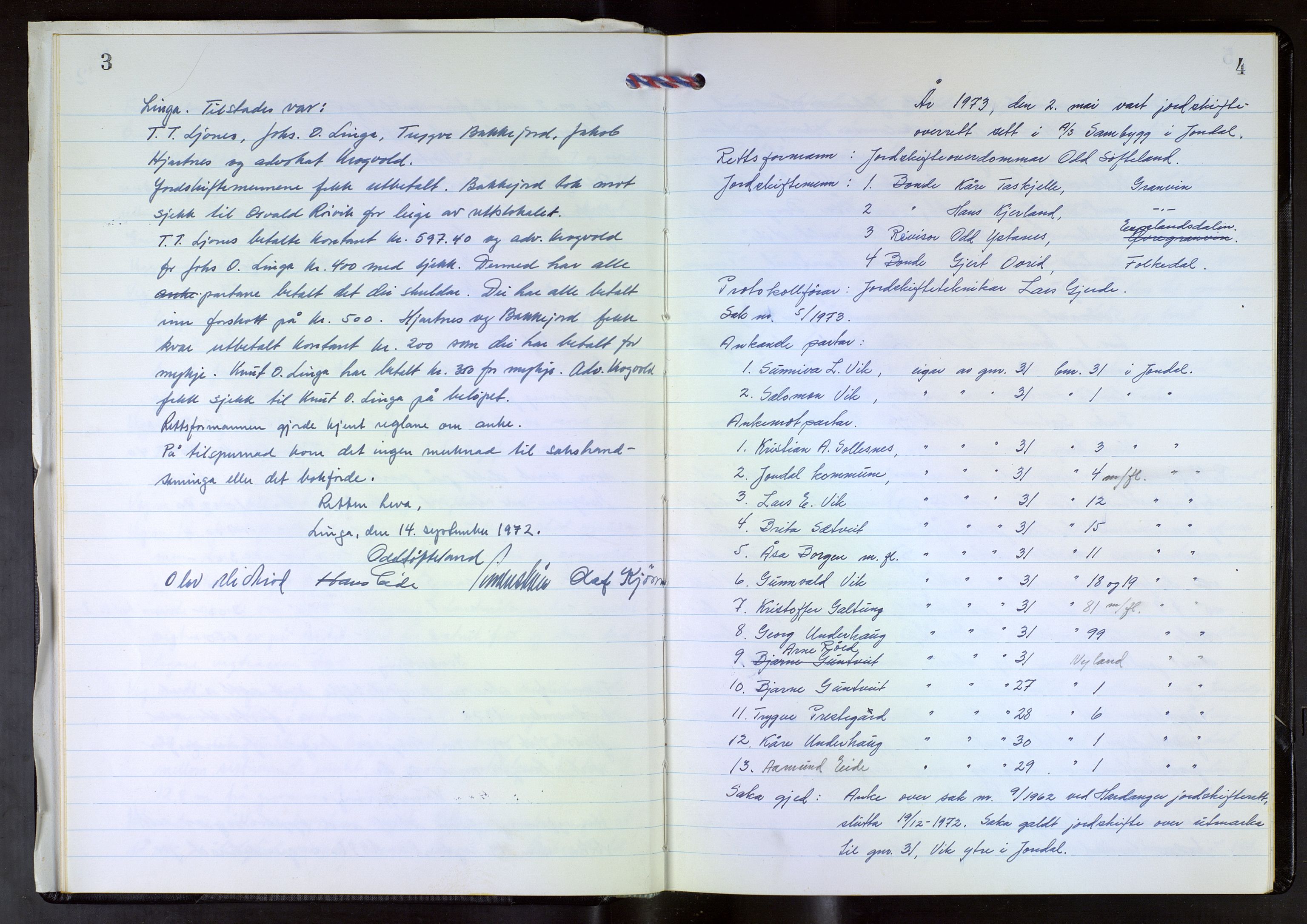 Overdomaren i Hordaland jordskiftedøme (II), AV/SAB-A-5801/A/L0015: Overrettsprotokoll, 1972-1975, s. 3-4
