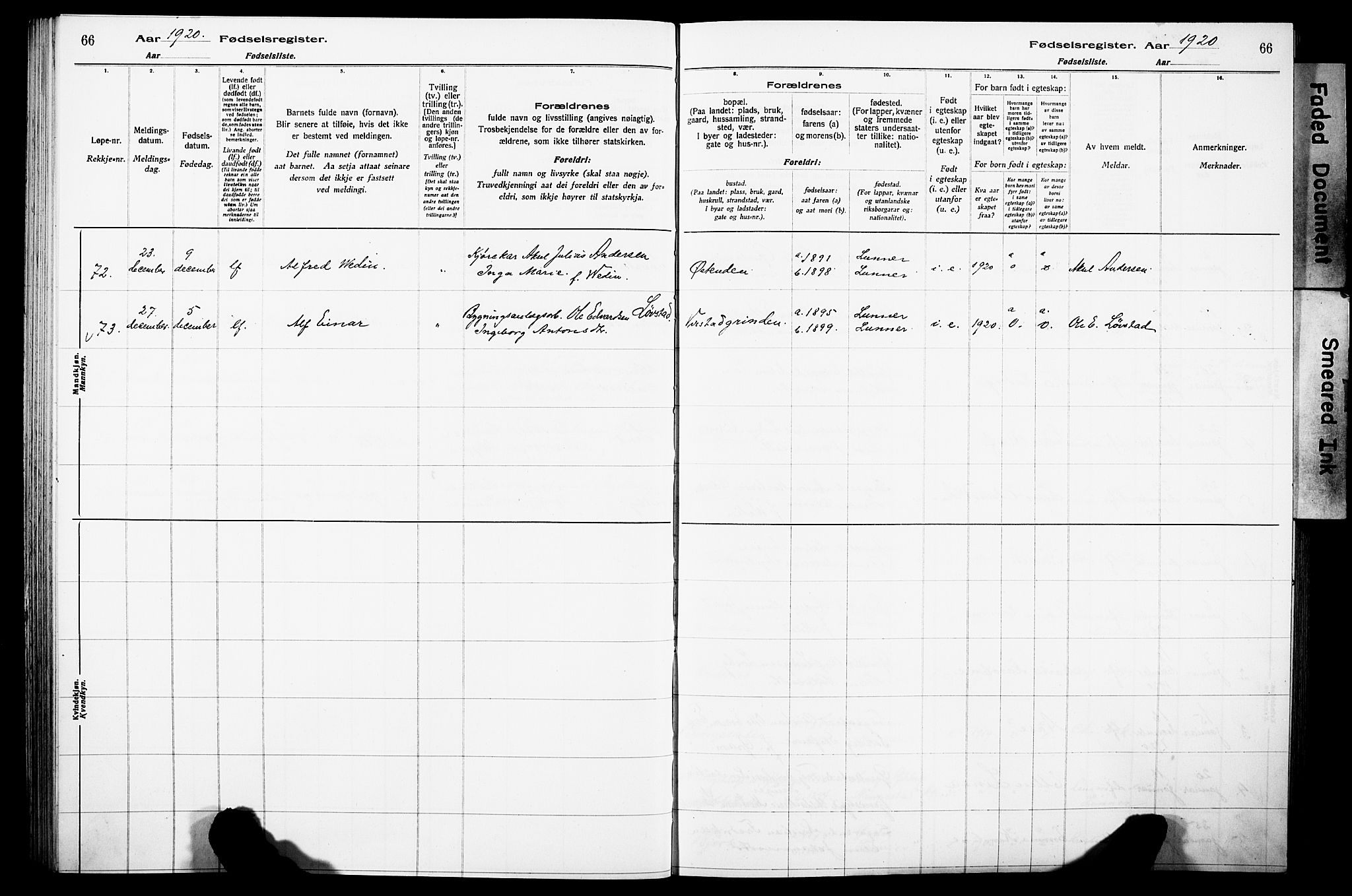 Lunner prestekontor, SAH/PREST-118/I/Id/L0001: Fødselsregister nr. 1, 1916-1932, s. 66
