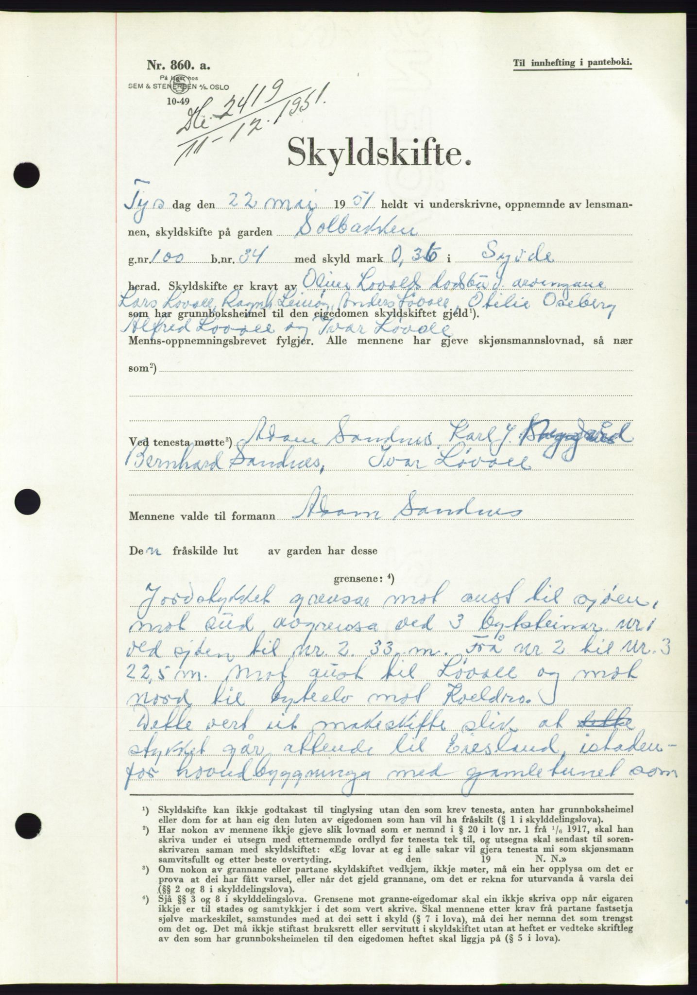 Søre Sunnmøre sorenskriveri, AV/SAT-A-4122/1/2/2C/L0090: Pantebok nr. 16A, 1951-1951, Dagboknr: 2419/1951