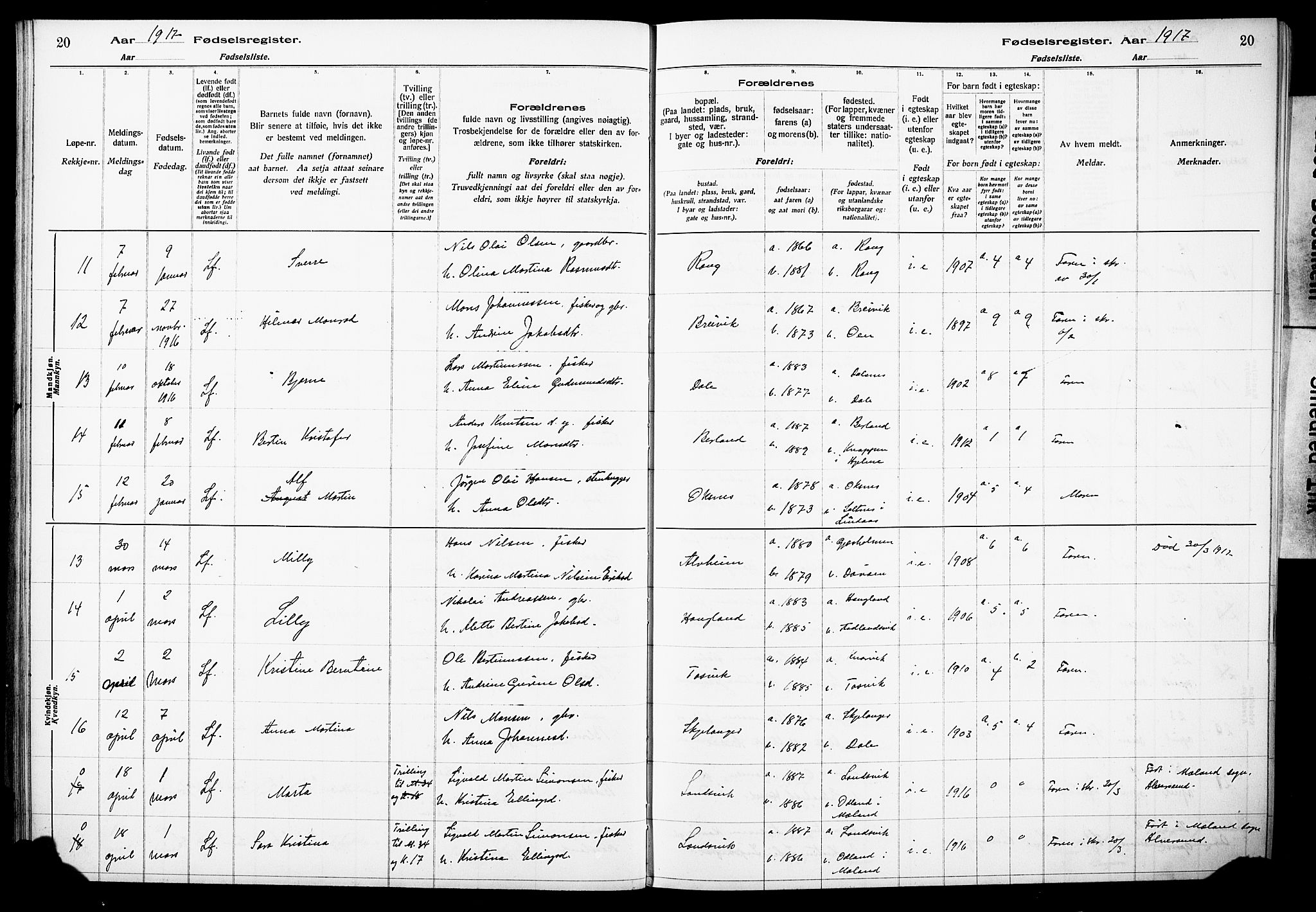 Herdla Sokneprestembete, AV/SAB-A-75701/I/Id/L00A1: Fødselsregister nr. A 1, 1916-1929, s. 20