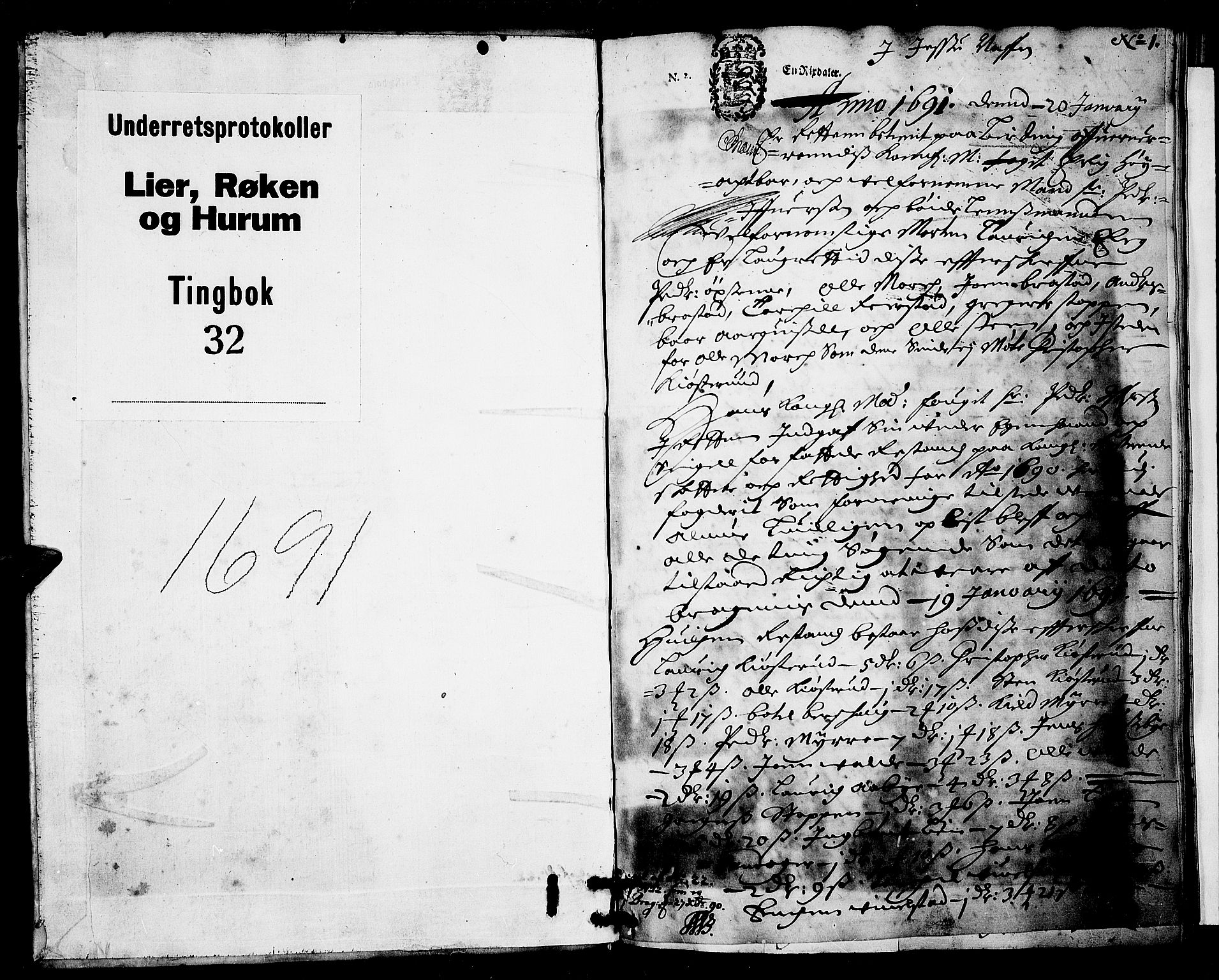 Lier, Røyken og Hurum sorenskriveri, SAKO/A-89/F/Fa/L0032: Tingbok, 1691, s. 1