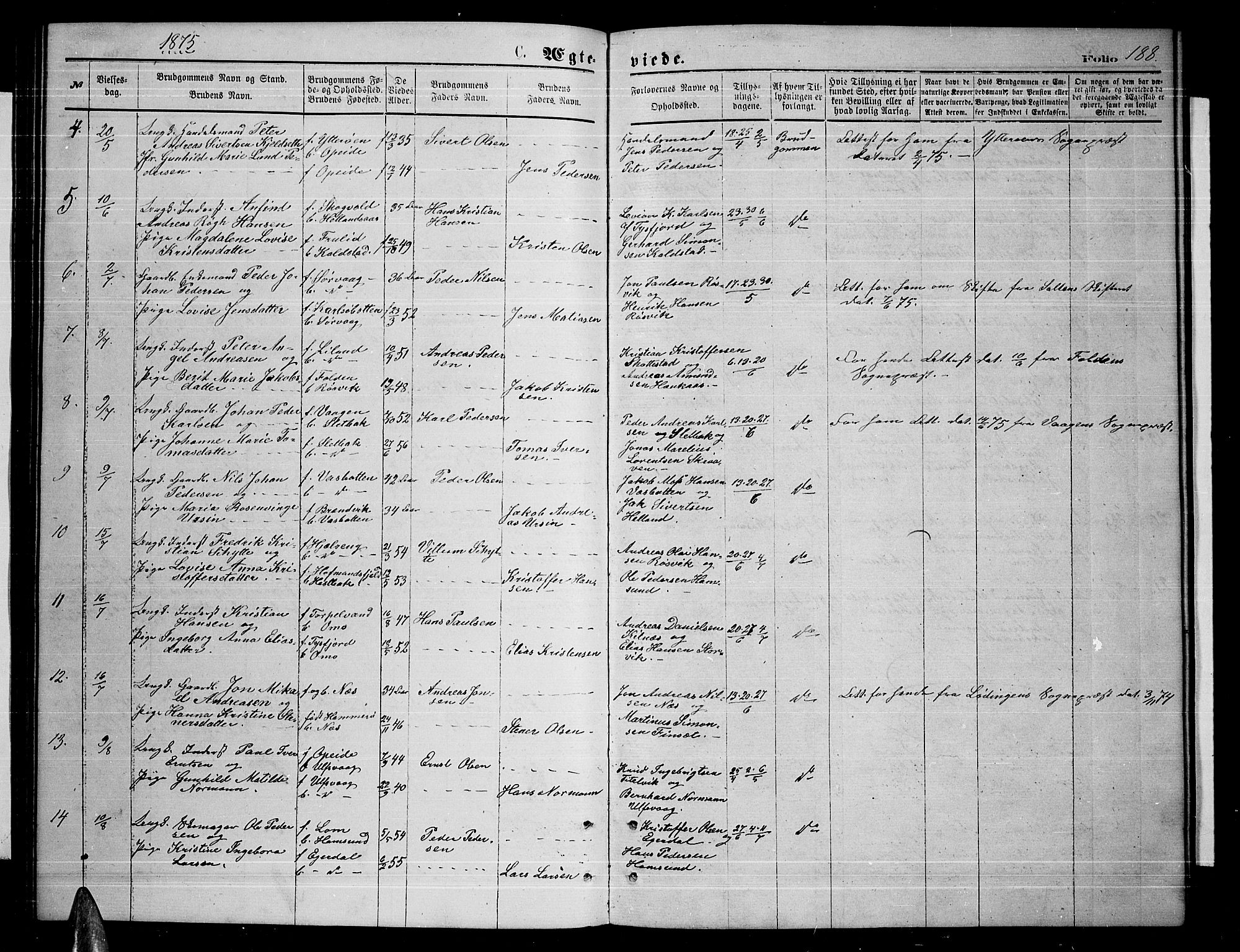 Ministerialprotokoller, klokkerbøker og fødselsregistre - Nordland, AV/SAT-A-1459/859/L0858: Klokkerbok nr. 859C04, 1873-1886, s. 188